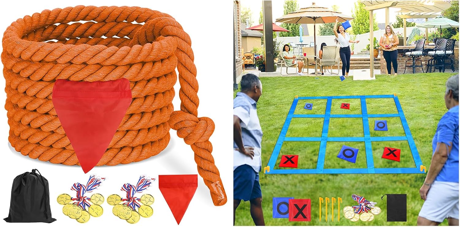 CWLAKON Giant Tic Tac Toe Bean Bag Toss Games, Tug of War Rope Games 60ft for Kids Adult, Outdoor Field Day Family Reunion Birthday Party Games, Yard Backyard Lawn Carnival Camping Picnic Game
