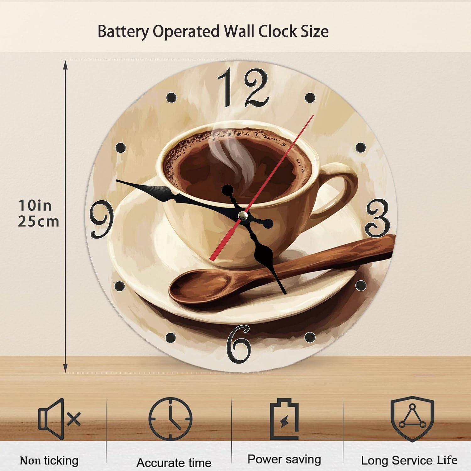 Reloj de pared redondo silencioso de 10 pulgadas, funciona con pilas, decorativo para sala de estar, dormitorio, cocina, baño, comedor, oficina o escuela (taza de café marrón)
