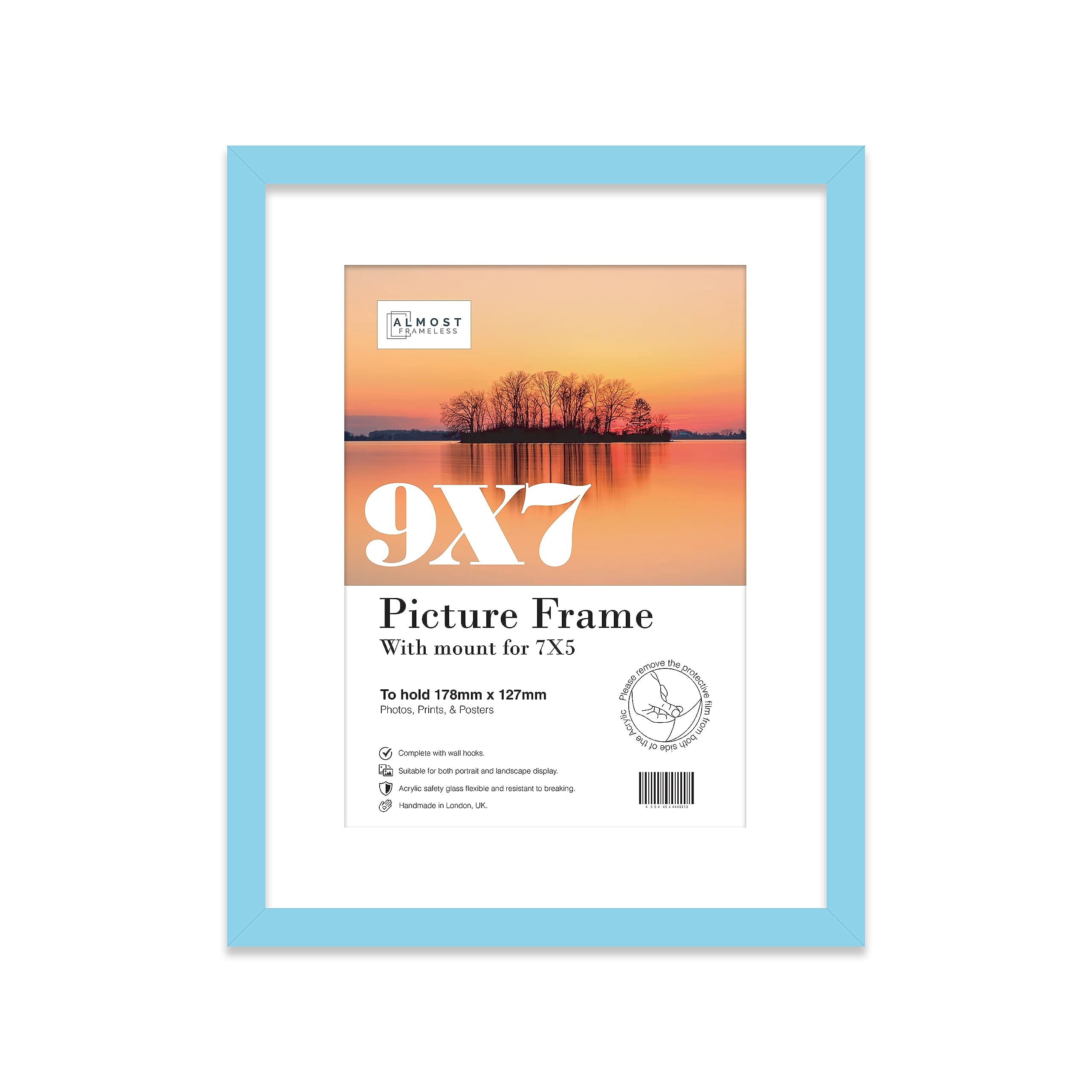 Almost Frameless 9x7 Light Blue Picture Frame With Mount for 7x5 Print, Poster or Photo Poster, Photo, Artwork, or Print. Thin Edge Slim Frame Portrait and Landscape Display with Wall Hooks
