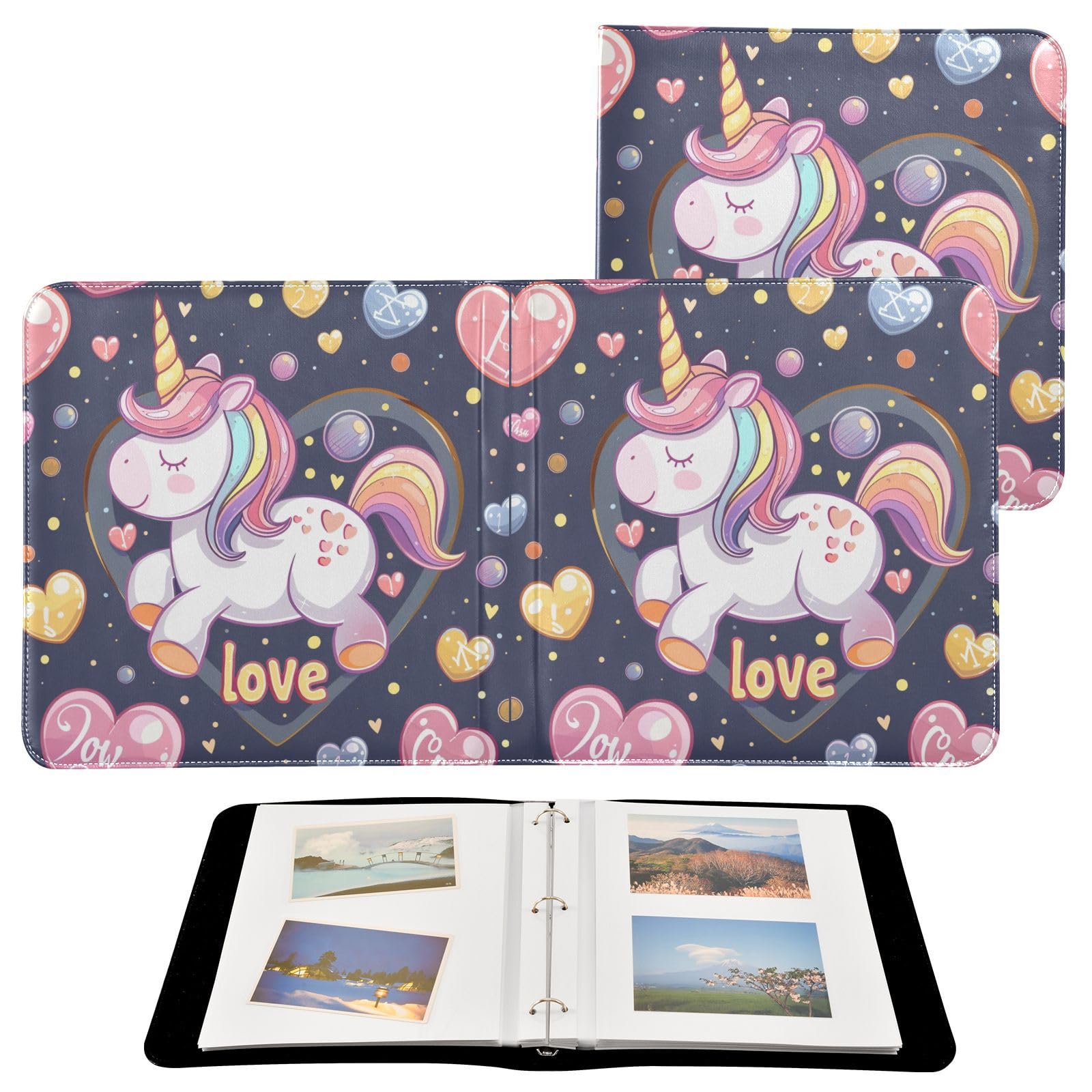 JIPONI A Beautiful Lovely Unicorn Large Photo Album, DIY Leather Cover Scrapbook Albums for 4x6 5x7 6x8 Pictures, Self Adhesive Memory Book for Wedding, Baby, Family