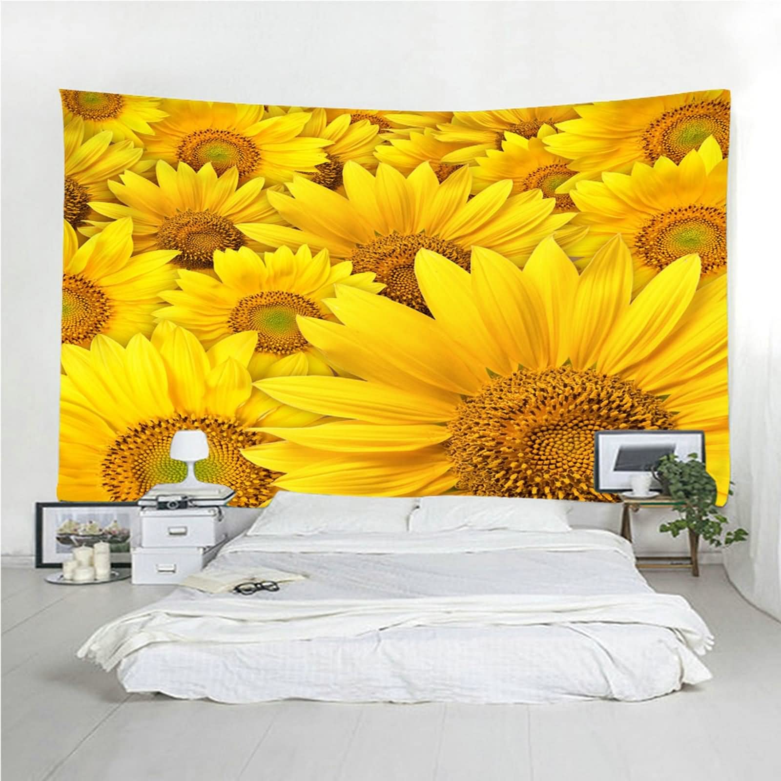 Tapices Navideños, Decoración Rústica Pared Girasol Flor Tema Floral Poliéster Amarillo 260x240CM