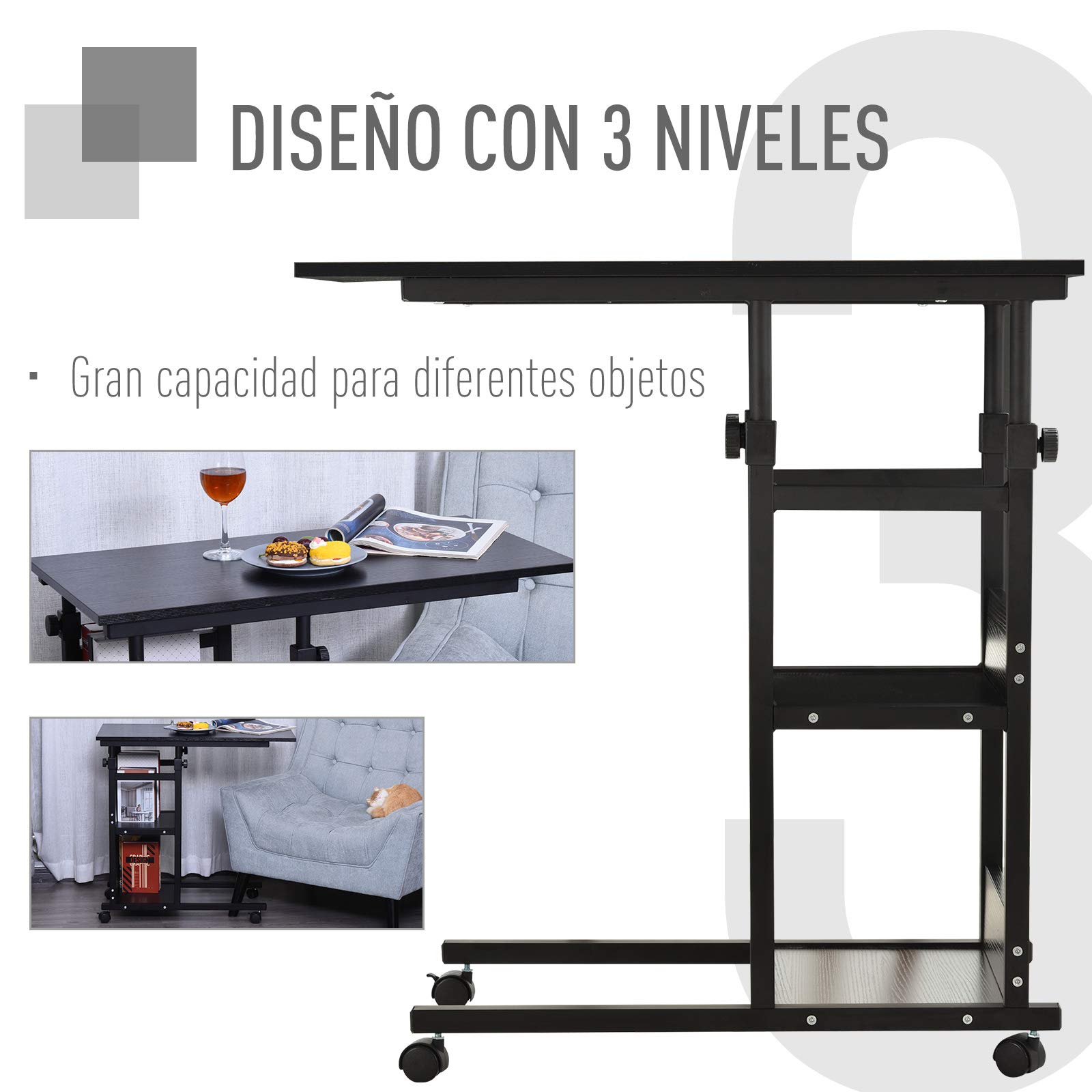 HOMCOM Mesa Auxiliar con Ruedas para Sofá en Forma de C 80x40 cm Negro | Mesa para Sofá, Altura Ajustable 3 Niveles de 72-82 cm, Marco de Metal, para Salón Cocina