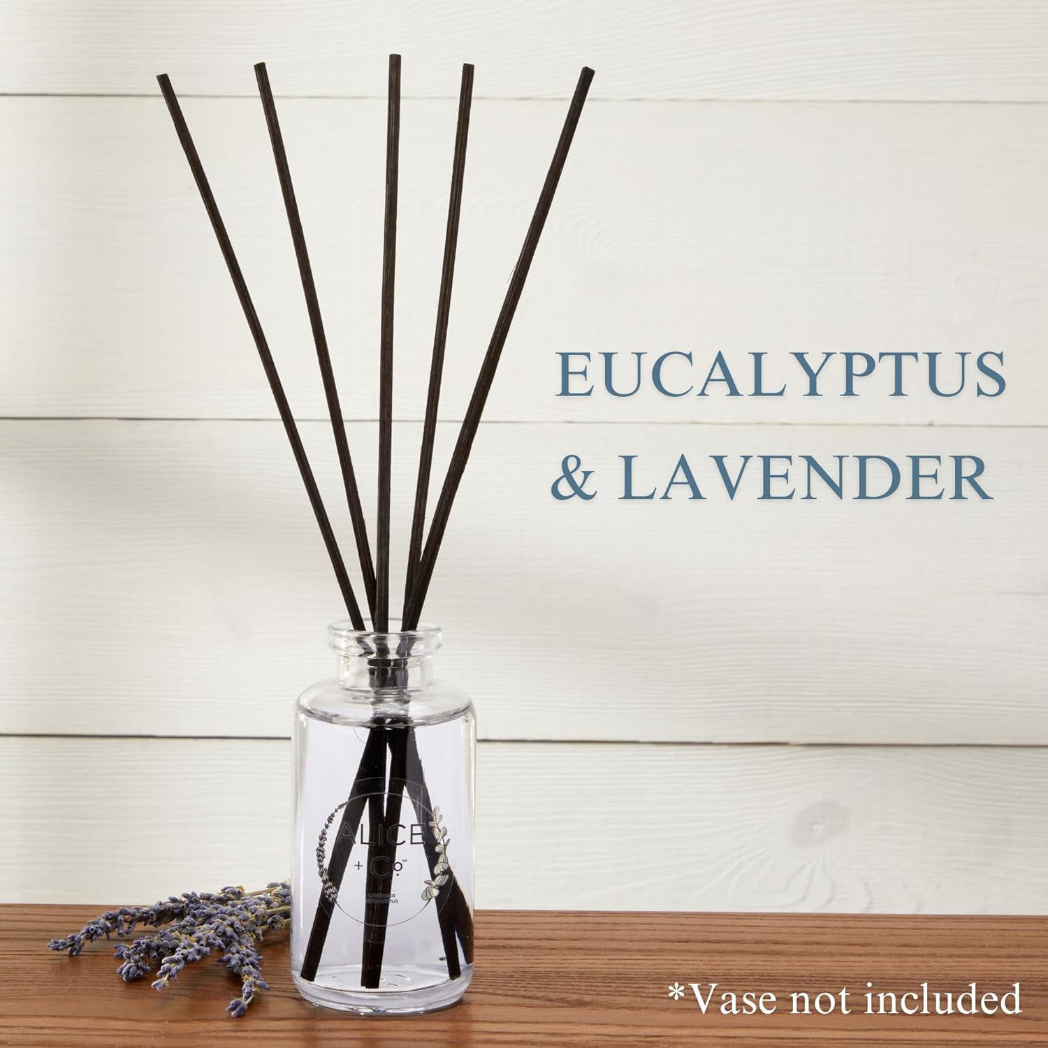 Alice + Co. Reed Diffuser | Lavender & Eucalyptus Reed Diffuser for Home | Fairfield by Marriott |4 oz. Glass Bottle | 12 Black Reeds