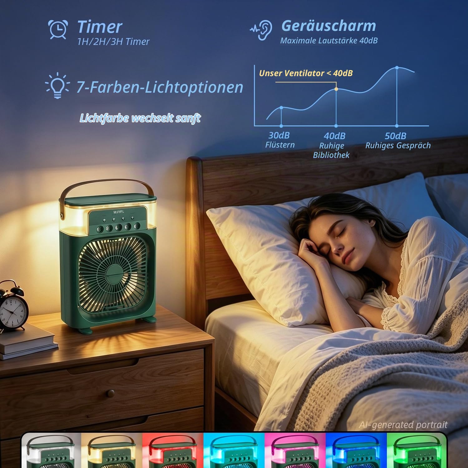Mini Luftkühler mit 5 Sprühdüsen, 3 Sprühstufen und 600-ml-Wassertank | USB-betriebener Tischventilator mit 3 Windstufen, 1/2/3-Std.-Timer und 7-Farben-LED-Effekt für Büro und Schreibtisch