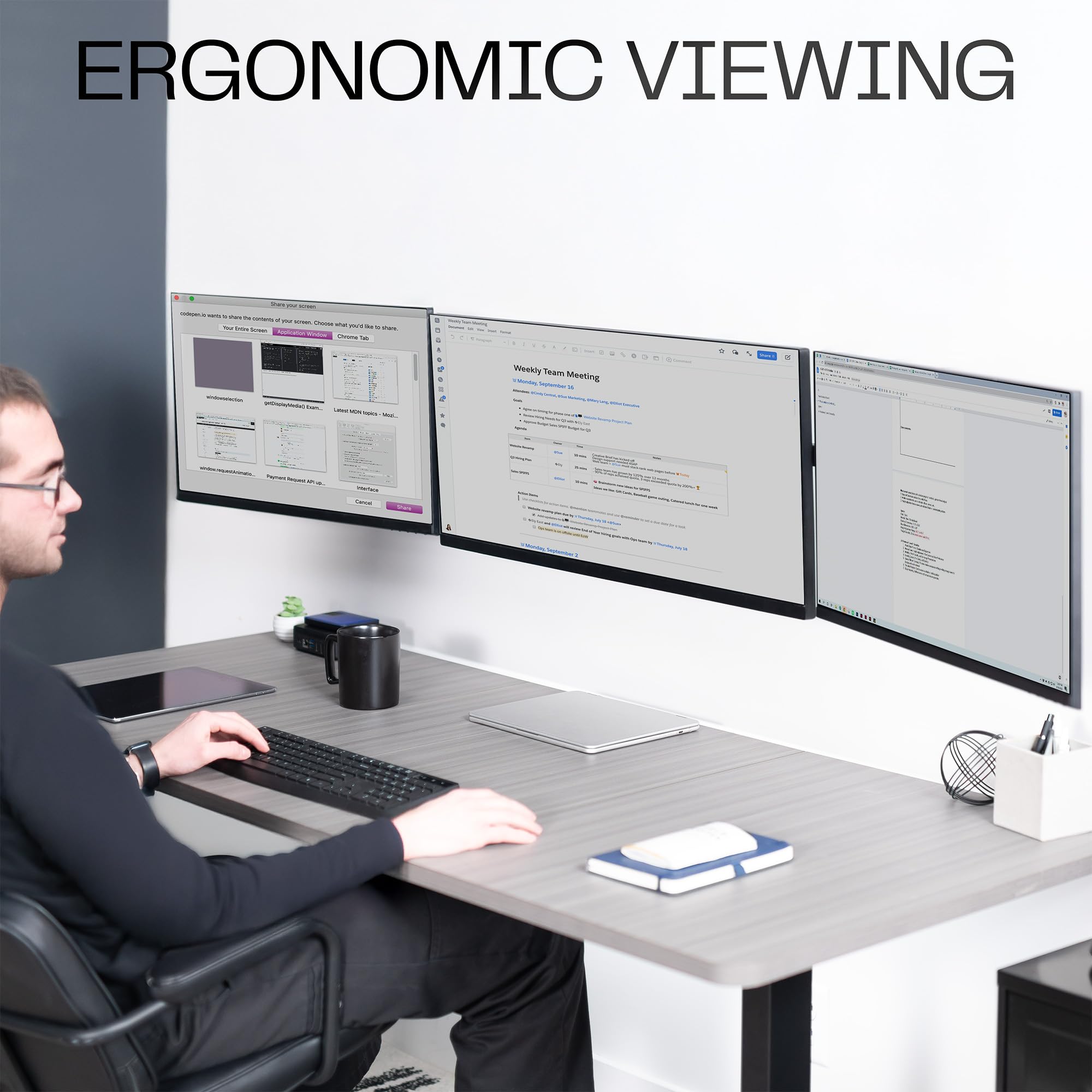 Vivo MOUNT-TS03C Support Mural pour Triple Moniteur, 3 écrans jusqu'à 10 kg, Ultra Large sur Le Support Central jusqu'à 96,5 cm, Bras télescopiques réglables, Montage Mural, Noir