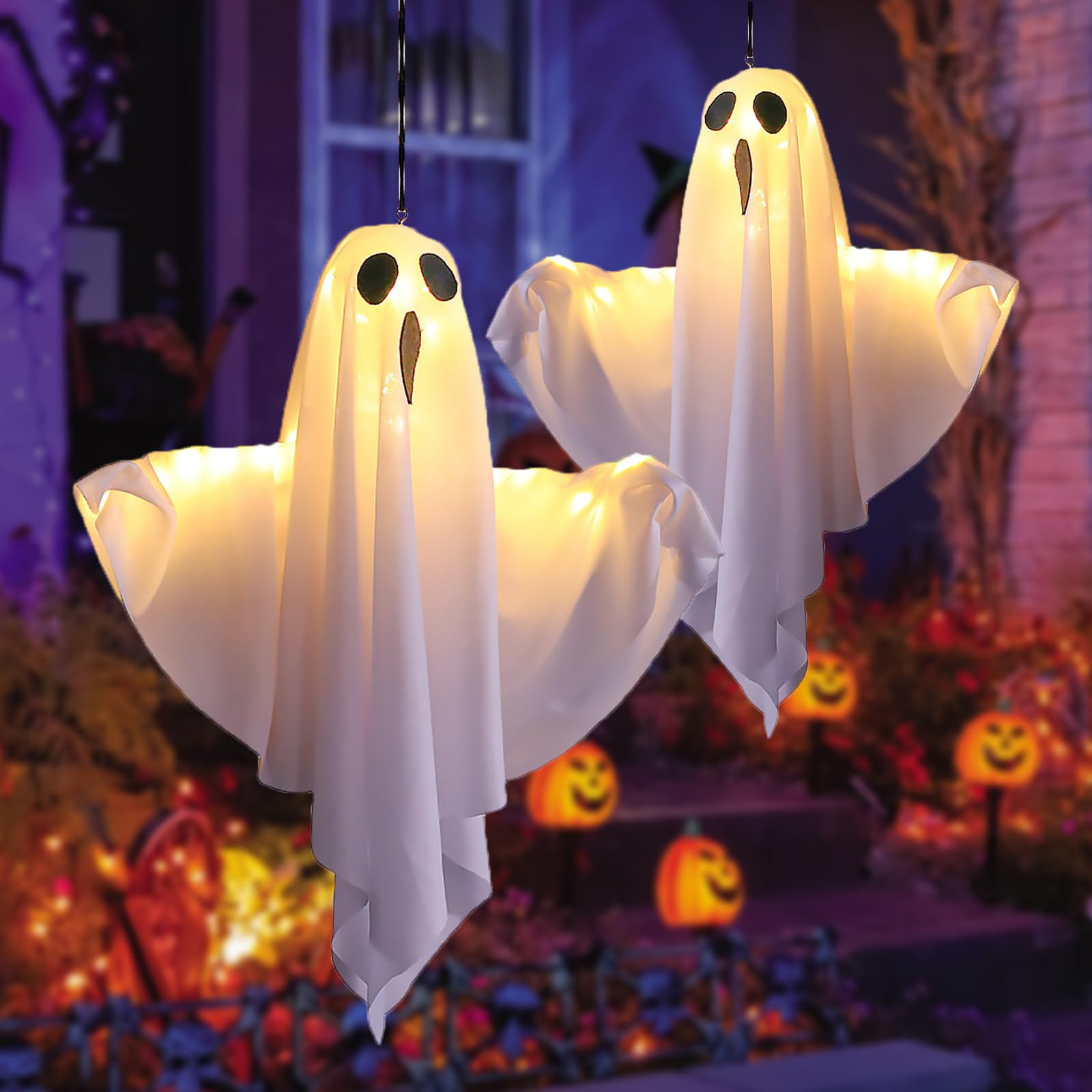 Decoración de Halloween con espíritus LED [Set de 2] - Saco de viento espeluznante móvil con 3 modos de luz LED, decoración para interiores y exteriores de jardín, ventanas, patio, porche