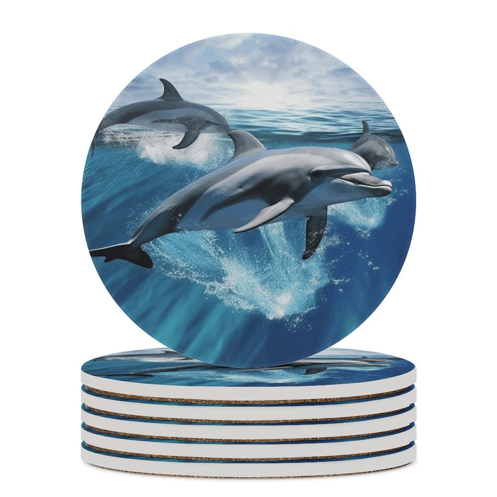 Dolphins Coaster with Cork Base Drink Coasters for Coffee Table Decor Modern Cup Coasters with Non-Slip & Heat-Resistant Cute Ceramic Table Coaster for Home Dining
