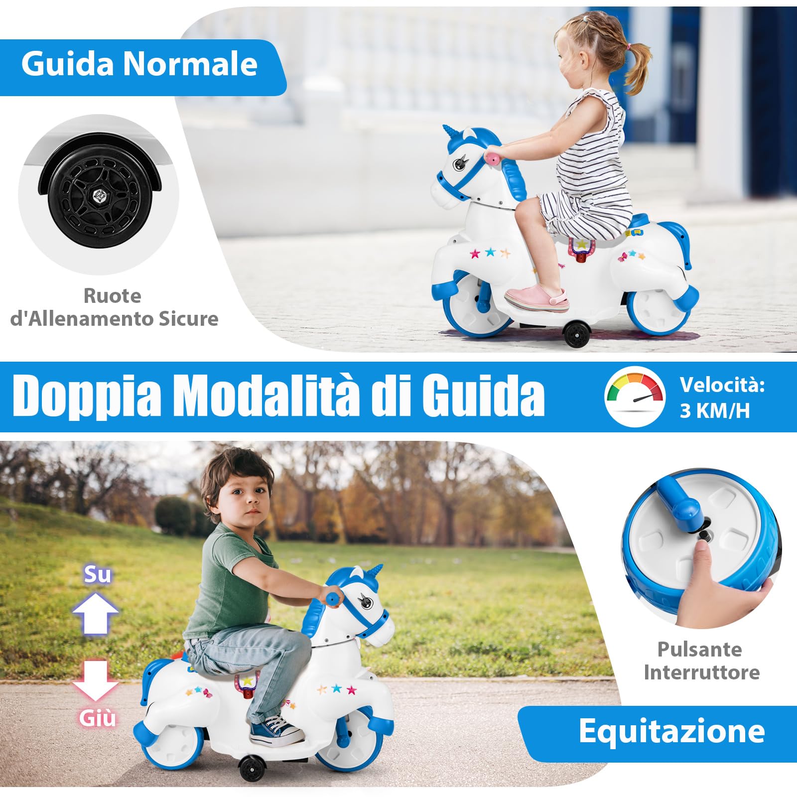 GYMAX Auto Cavalcabile Unicorno 12V, Veicolo Elettrico per Bambini con Funzione Altalena, Auto Elettrica con Ruote di Supporto, Musica e Indicatore di Batteria, per Bambini dai 3 Anni, Rosa/Blu (Blu)