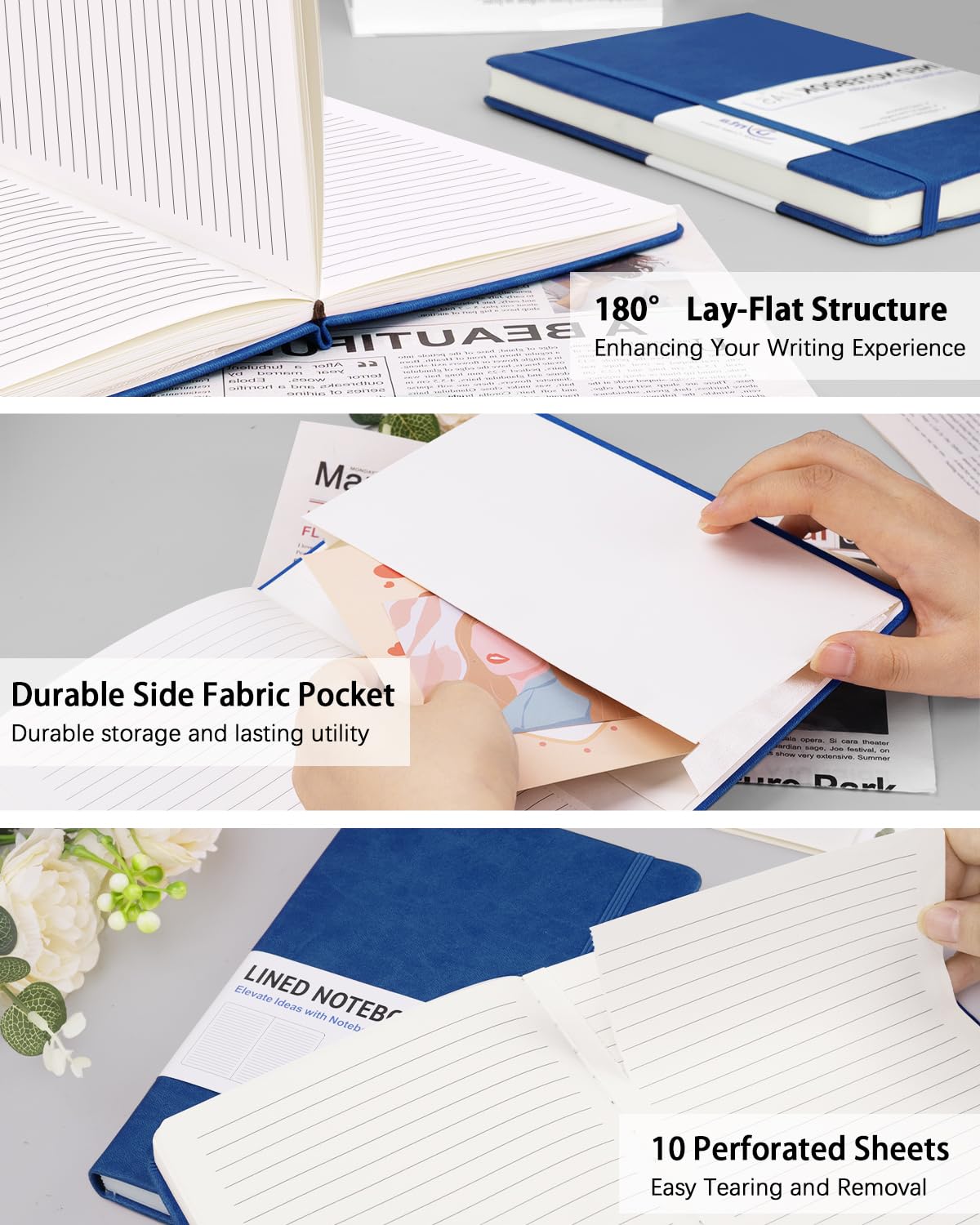 Dynta - Quaderni con copertina rigida, 10 pacchi di diari A5 a righe in blocco da 200 pagine/100 fogli, 21 x 15 cm, quaderno classico a righe per lavoro/viaggio/università/presa di appunti (Blu)