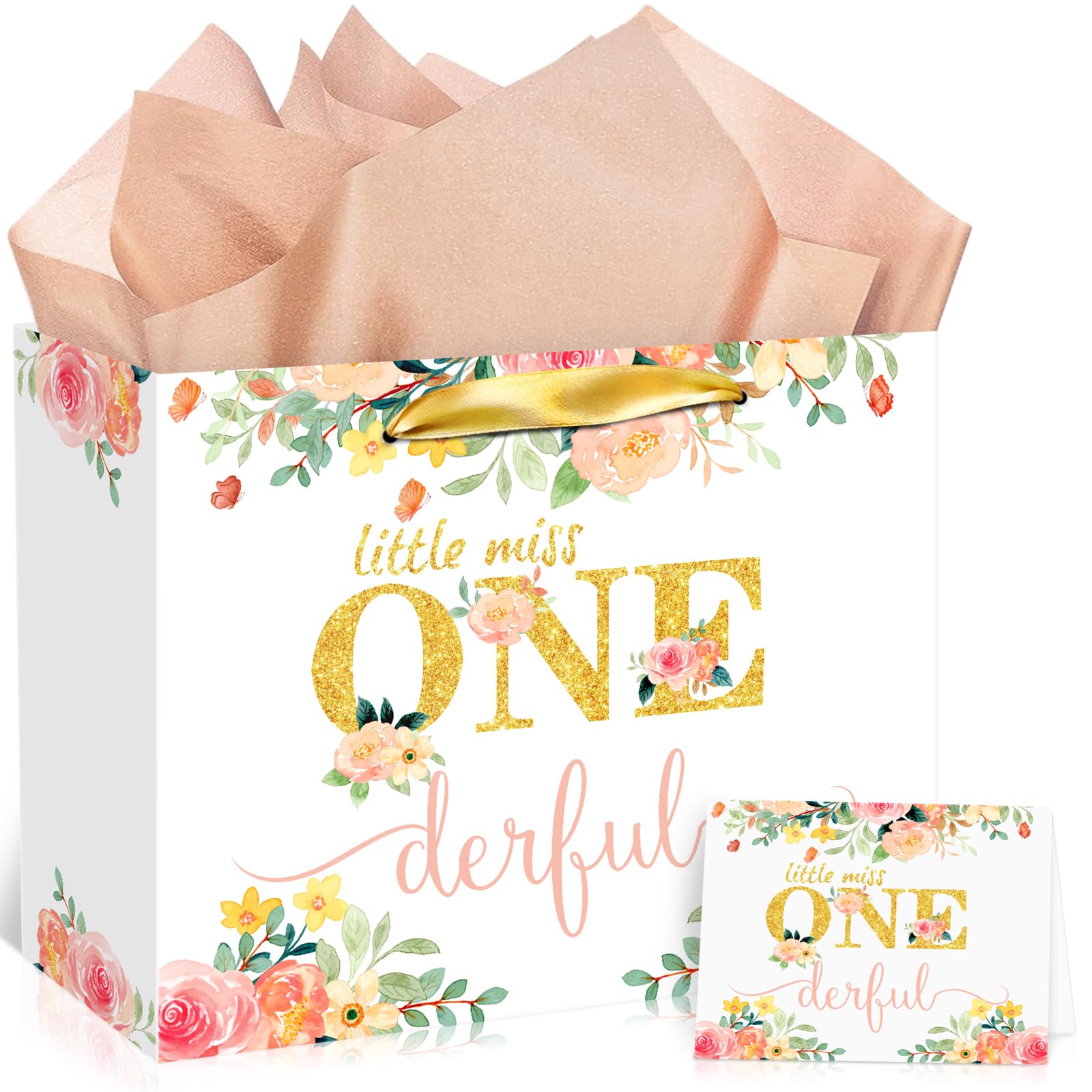 Baby Girl 1st Birthday Gift Bag Little Miss Onederful Gift Bag with Greeting Card and Tissue Papers Floral First Birthday Wrapping Paper Bag for Girls Newborn Baby Shower Christmas One Year Old Party