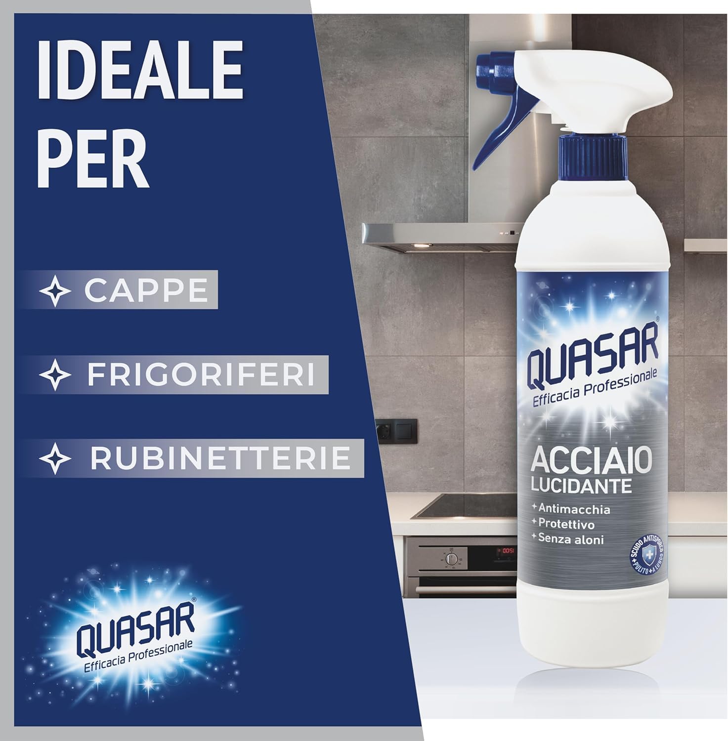 12 X Quasar Acciaio Lucidante – Detergente spray rimuove efficacemente lo sporco e dona lucentezza alle superfici in acciaio – Detergente 580 ml + portachiavi Beni Culinari gratuito