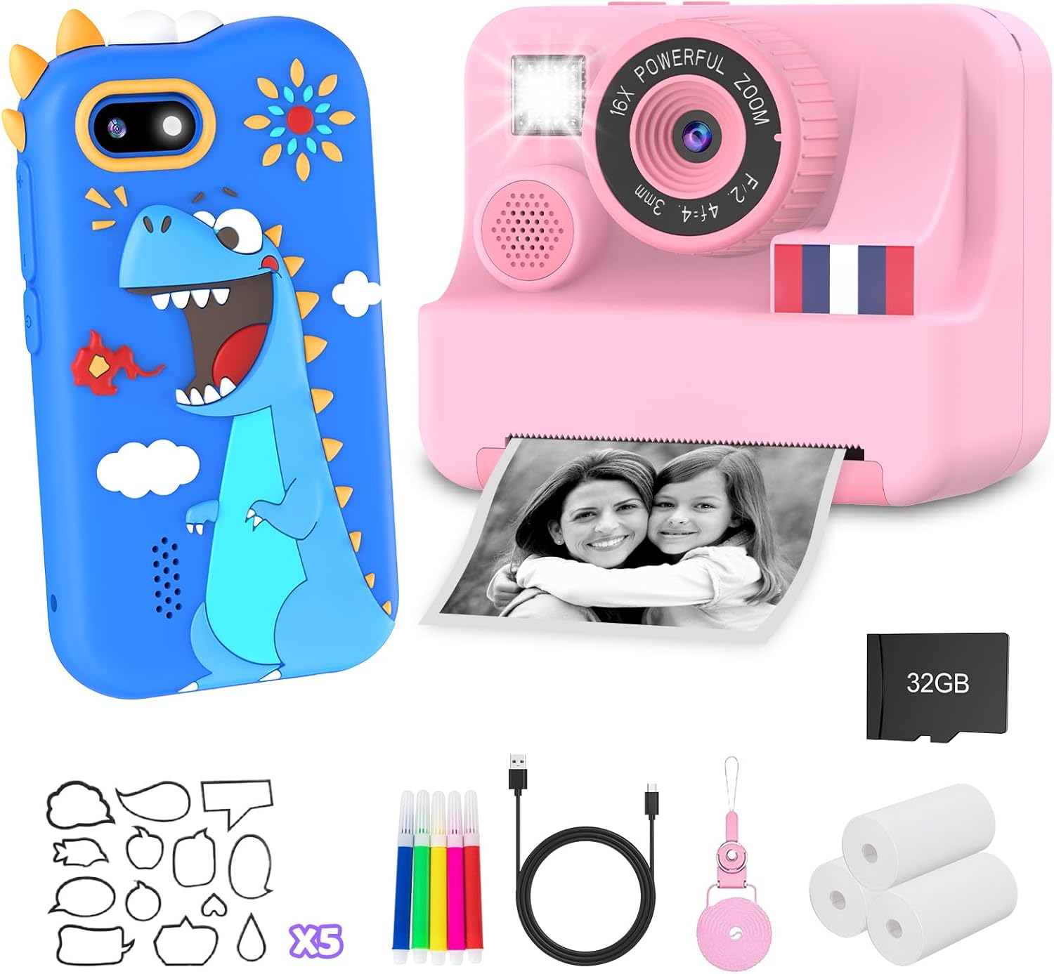 Blue Dragon Kids Phone and Pink Kids Camera Instant Print