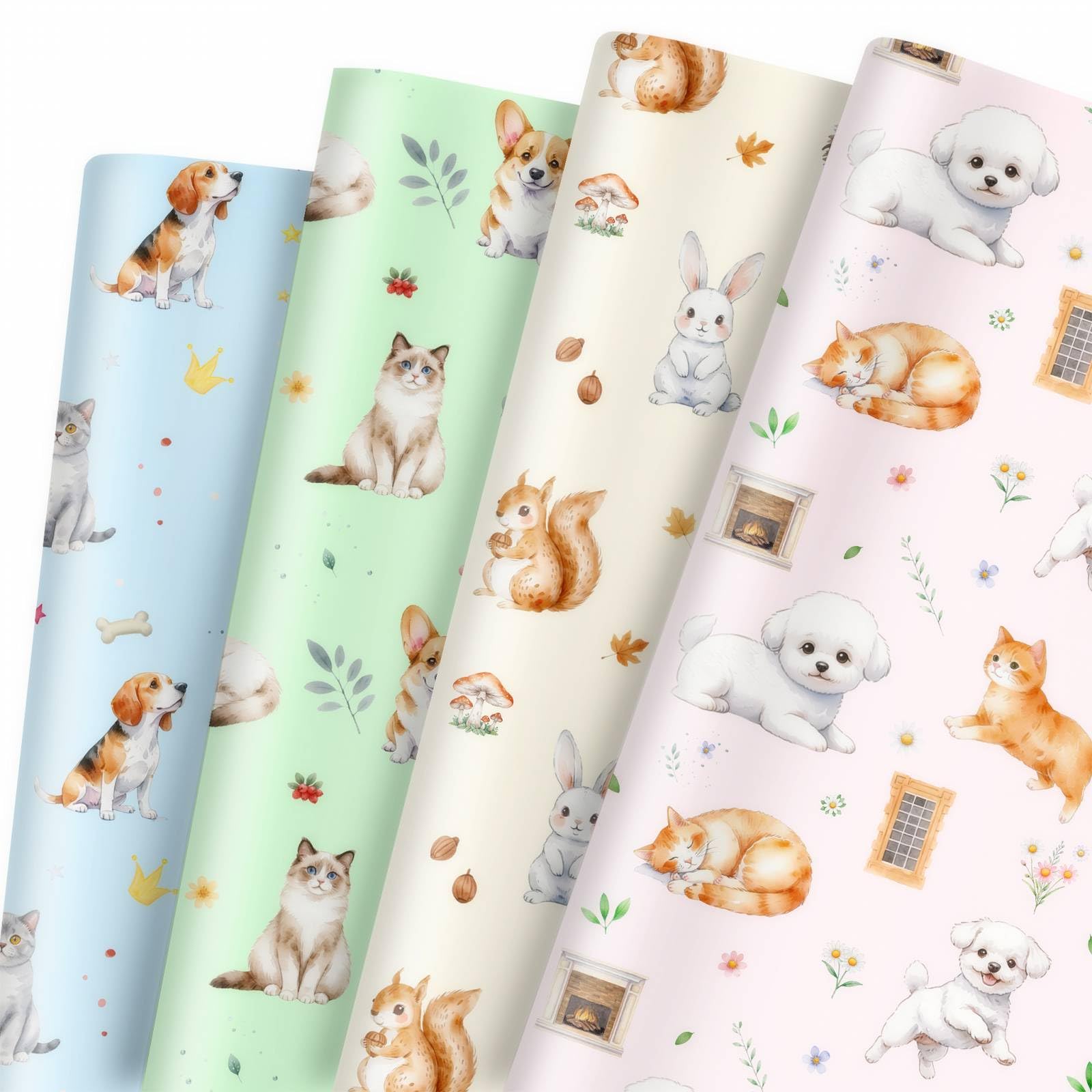 GleeWrap Watercolour Animal Wrapping Paper - 12 Sheets (50x70cm) Thick Mixed Animals Gift Wrap, Cute Pets & Woodland Animal Design for Baby Shower, Kids Birthdays & Celebrations