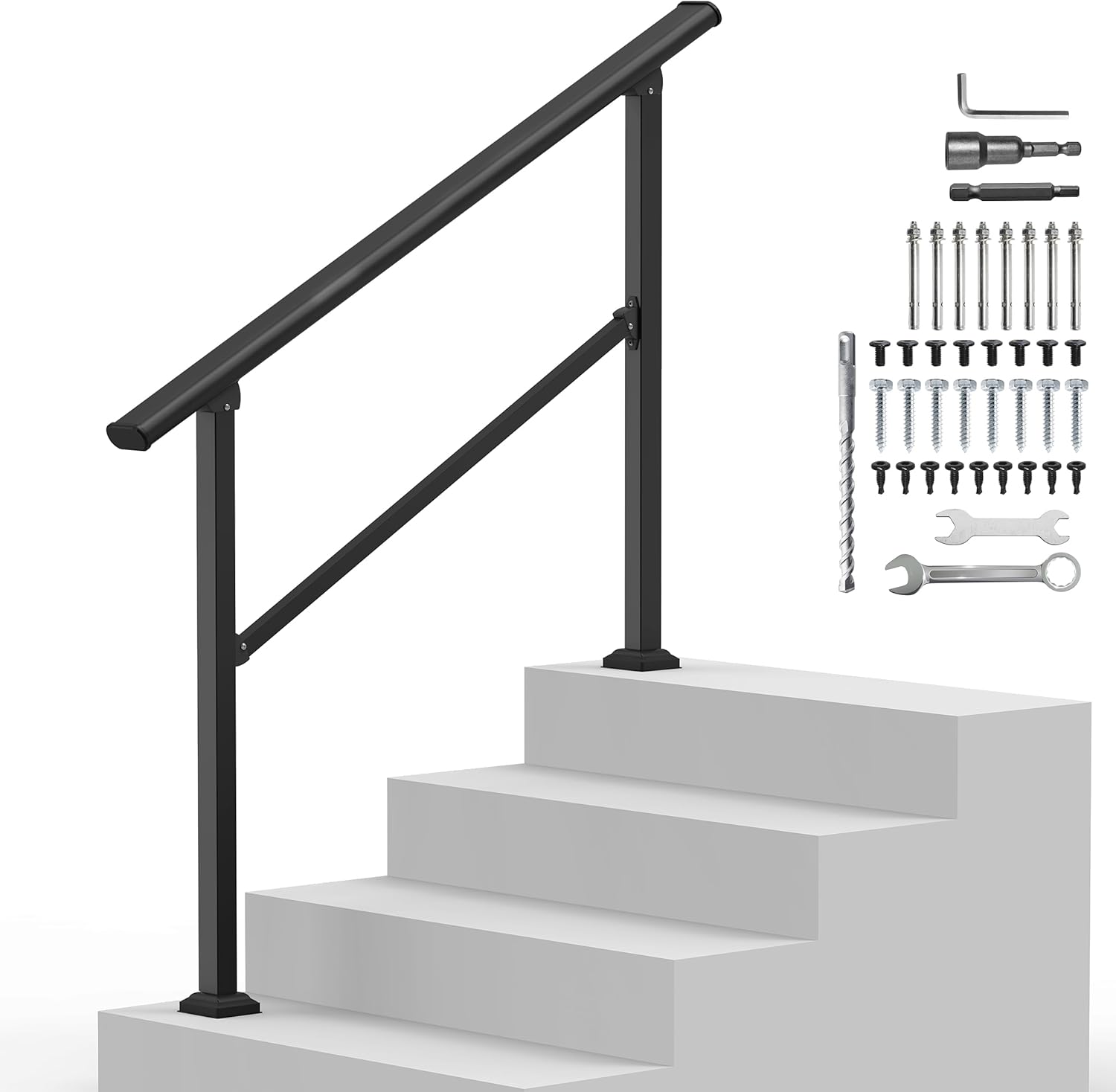Outdoor Handrails for 3-4 Steps, Stair Railing Kit for Concrete & Porch Steps, Adjustable Black Iron Hand Rail for Seniors, Easy Installation, Retro Arch Design 3-4 Steps Black