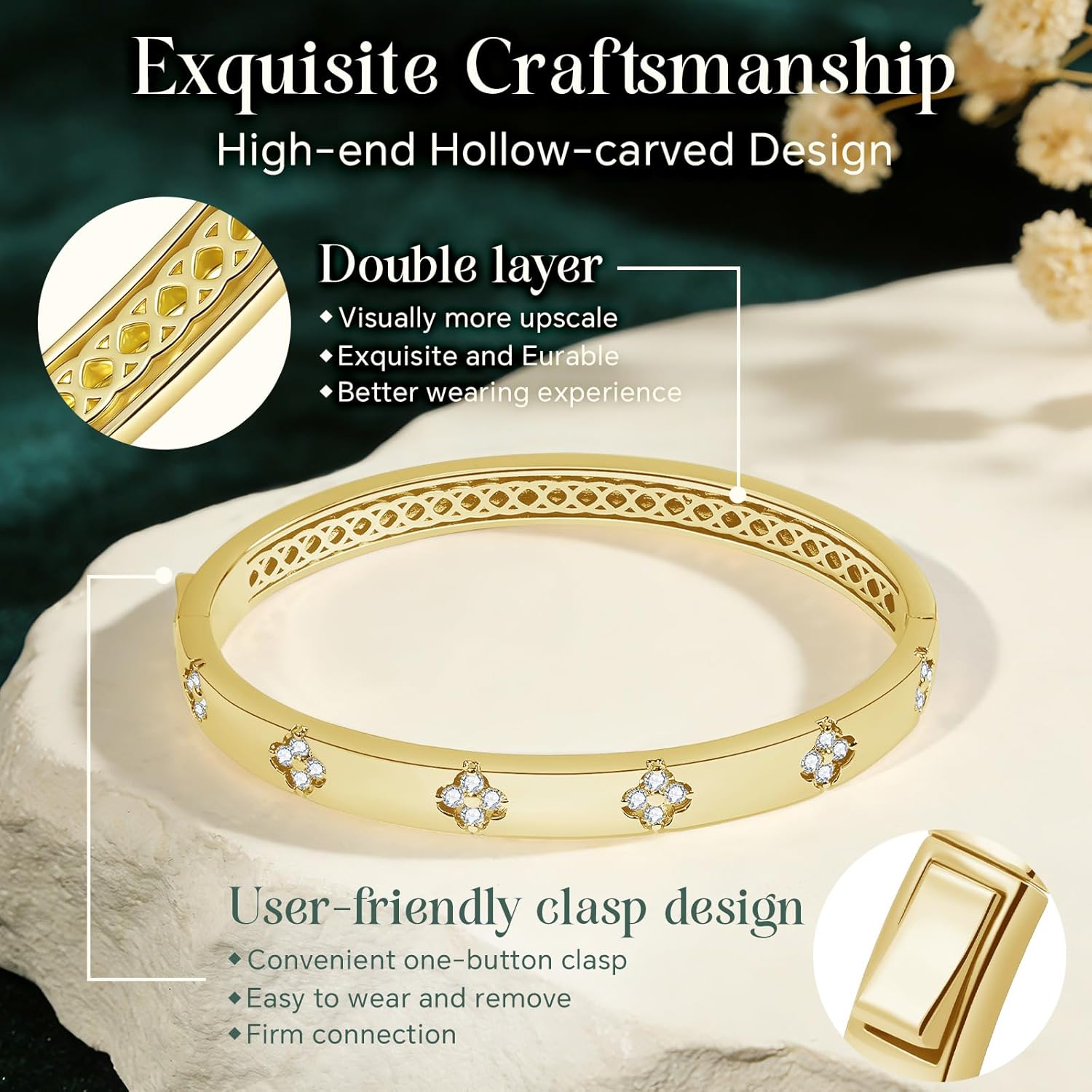 Moissanite Bracelets for Women Four Leaf Clover Bracelet 14K Gold Plating with D Color VVS1 Stones Lucky Charm Jewelry Durable Stackable Gift for Her Size 6.5in - Image 5