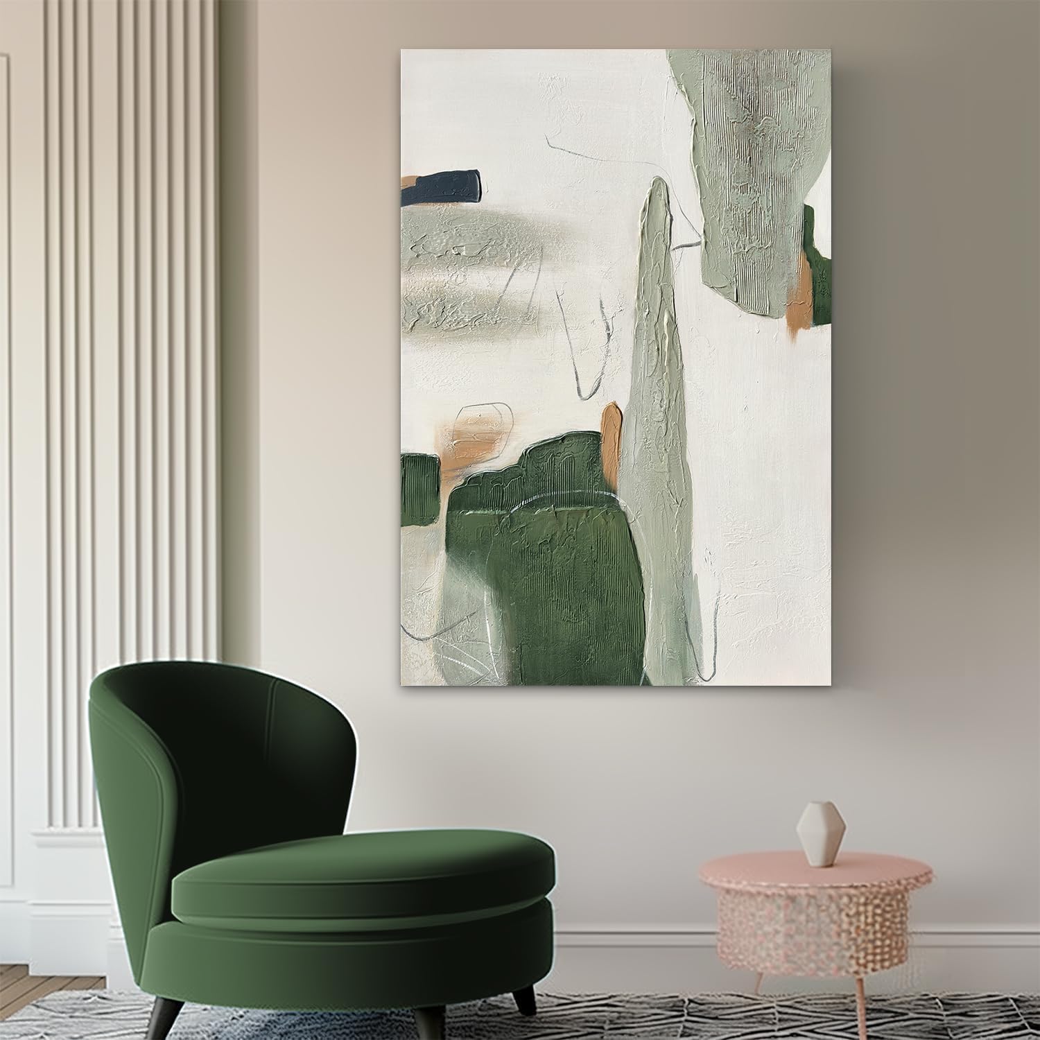 AntExpanse 100% Hand-Painted 3D Abstract Wall Art with Wooden Frame, 24 x 36 Inches Modern Textured Canvas Painting for Living Room, Bedroom, Office Wall Décor, Elegant Green and Minimalist Artwork