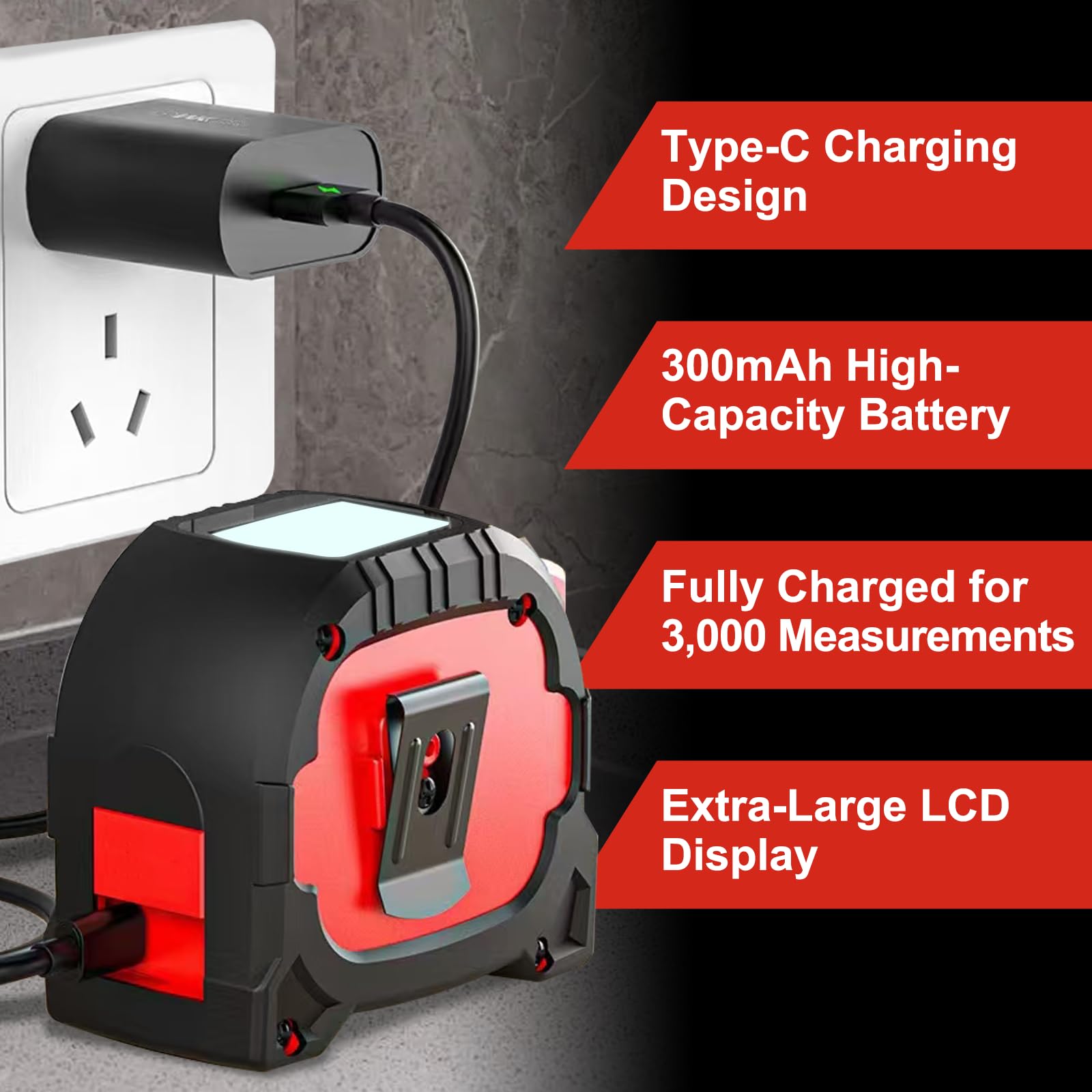 Mètre ruban laser 3 en 1 – Distance laser maximale de 69,7 m et ruban à mesurer autolock de 4,9 m, précision professionnelle ± 0,6 cm, rechargeable de type C, crochet magnétique, 6 modes pour la