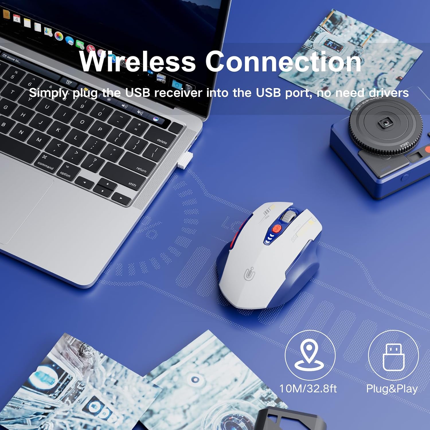 Uineer Wireless Mouse, [Upgraded] Visible Battery Display，Rechargeable Laptop Mice 2.4G USB, 4 Adjustable DPI Levels,Optical Ratón Wireless for Laptop PC Computer,White and Blue - 2