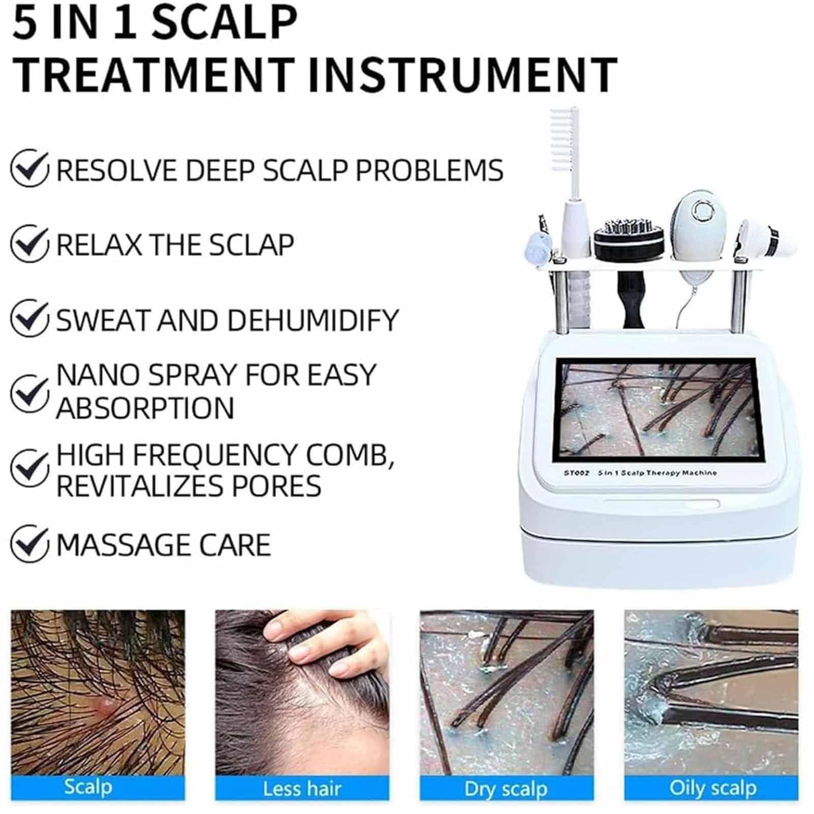 Detector De Cuero Cabelludo 10 Pulgadas,Equipo 5 En 1 para Masaje Capilar,Análisis De Piel Y Grasa,Analizador Capilar para Diagnóstico De Piel con 5 Asas,para Pérdida De Cabello,Humedad