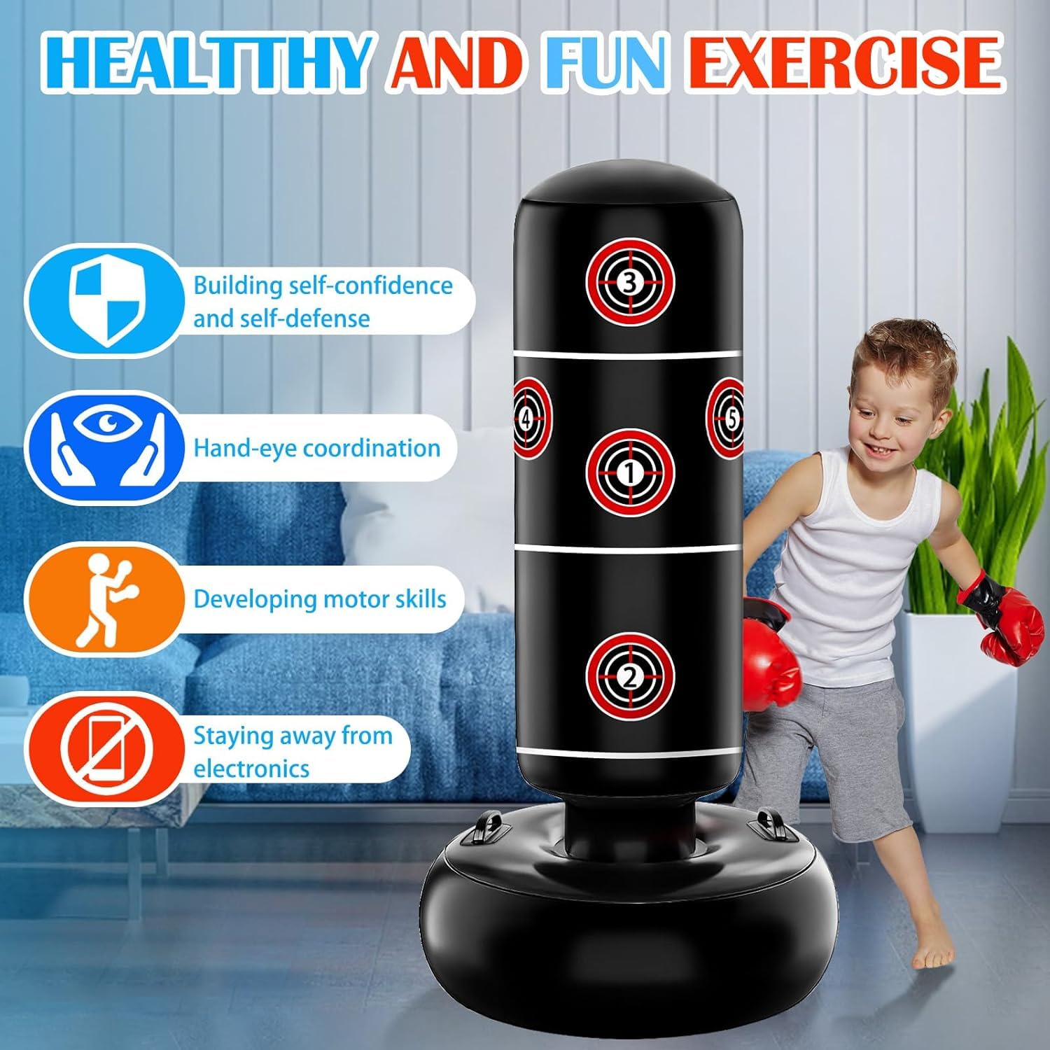 Set Boxe Per Bambini Con Guantoni JUOIFIP Sacco Da Boxe Bambini - Set Di Sacco Boxe Autoportanti Da 160 Cm Con Guantoni Da Boxe - Sacco Da Kickboxing Gonfiabile Dinosauro Feroce Per