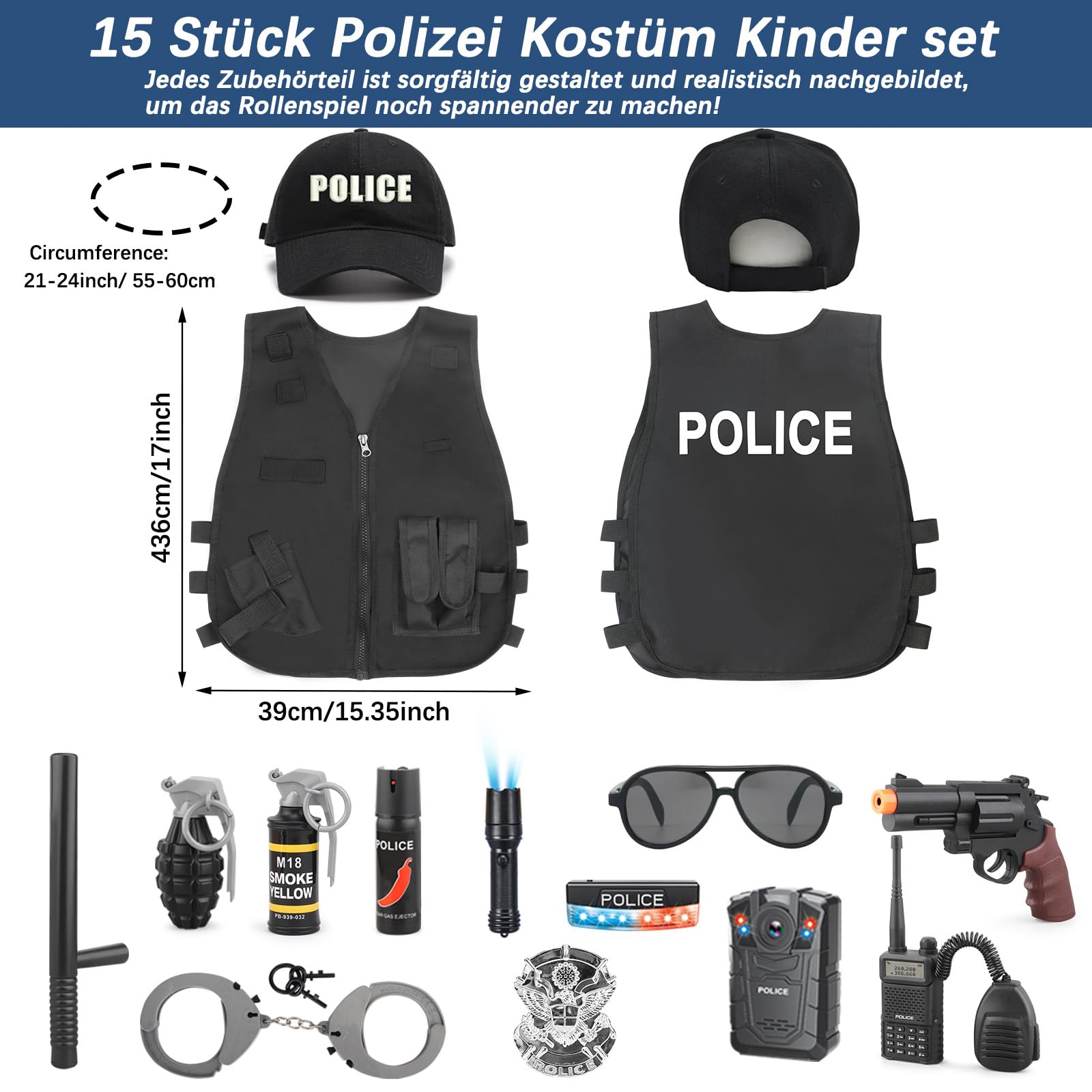 XSYKJGS Déguisement Policier Enfant 15 Pièces - Costume Police Complet avec Accessoires (Casque, Menottes, Gilet) pour Fille et Garçon - Idée pour Halloween et Carnaval