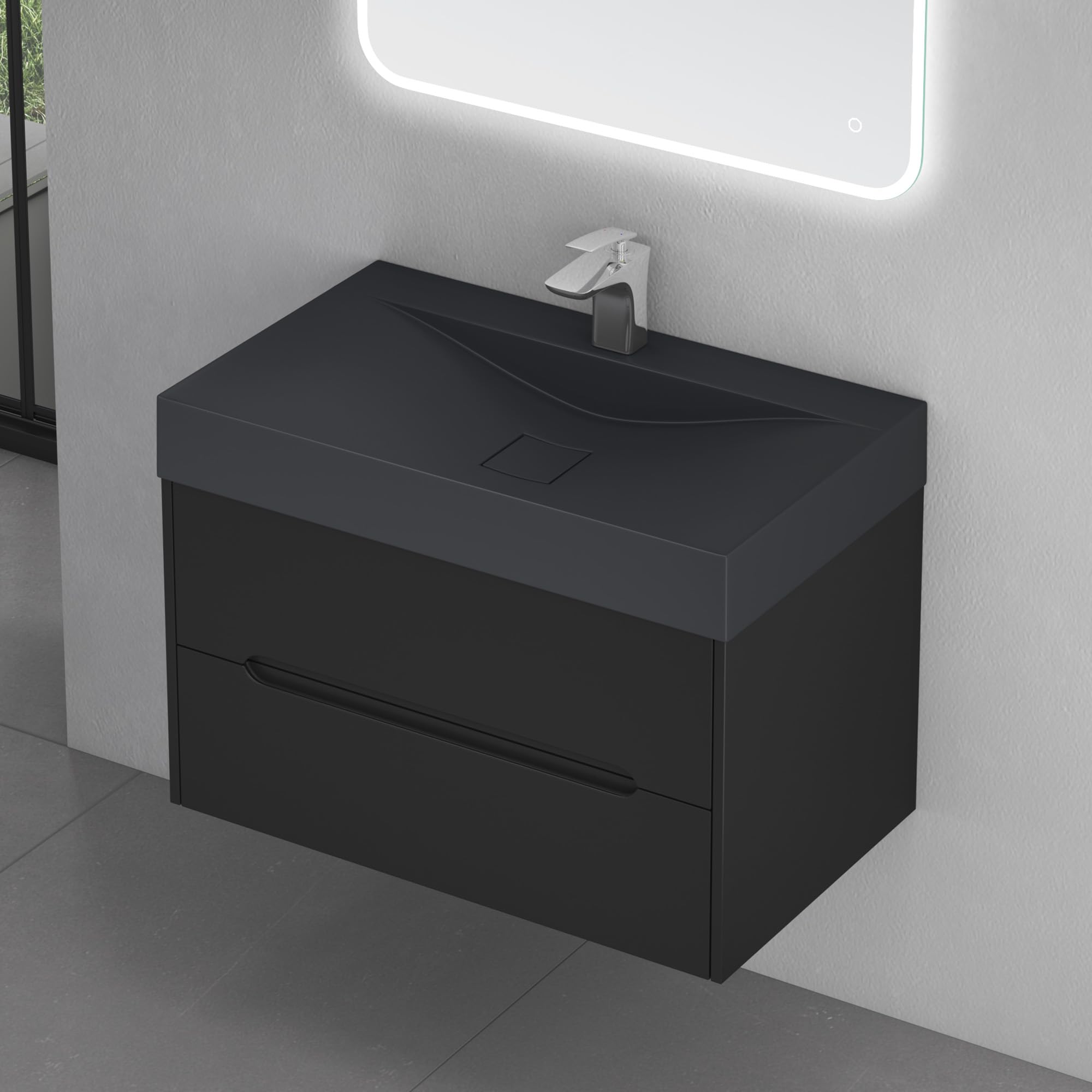 doporro Mobile Bagno Sospeso 80 cm con Lavabo in Marmoresina e Specchio LED – Finitura Nero Opaco, Cassetti a Chiusura Rallentata, Serie Yoga