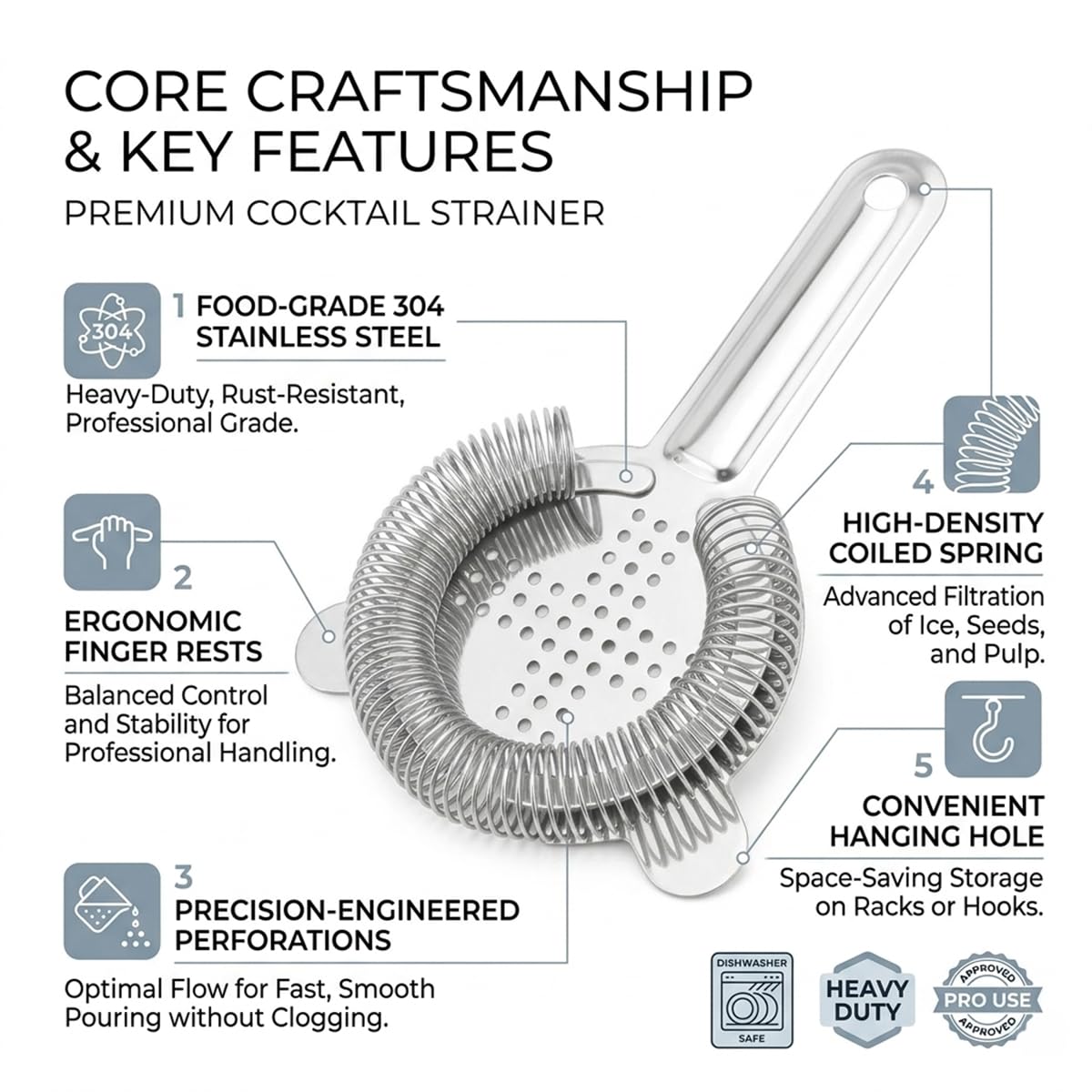 Colador de cóctel profesional - Hawthorne Coladores de barra de acero inoxidable para camareros y mixólogos