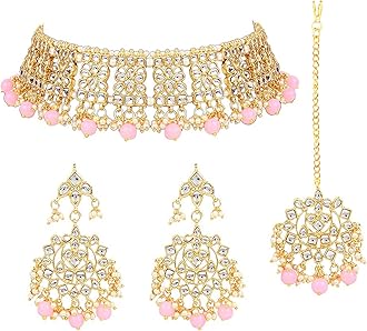 AheliElegant Indian Wedding Wear Faux Kundan Studded Choker Necklace with Maang Tikka Set Ethnic Fashion Jewelry for Women