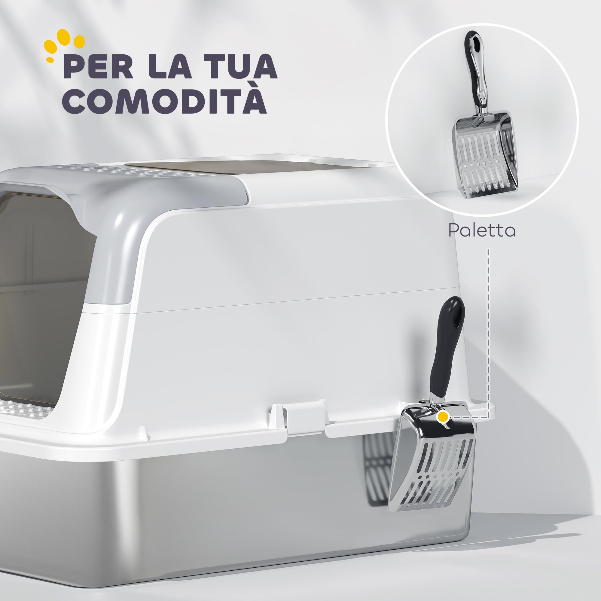 PawHut Lettiera per Gatti Chiusa a 2 Ingressi con Deodorante e Paletta, Lettiera per Gattini in Acciaio Inox, ABS e PP, 60.4x40.4x41.8 cm, Bianco e Grigio