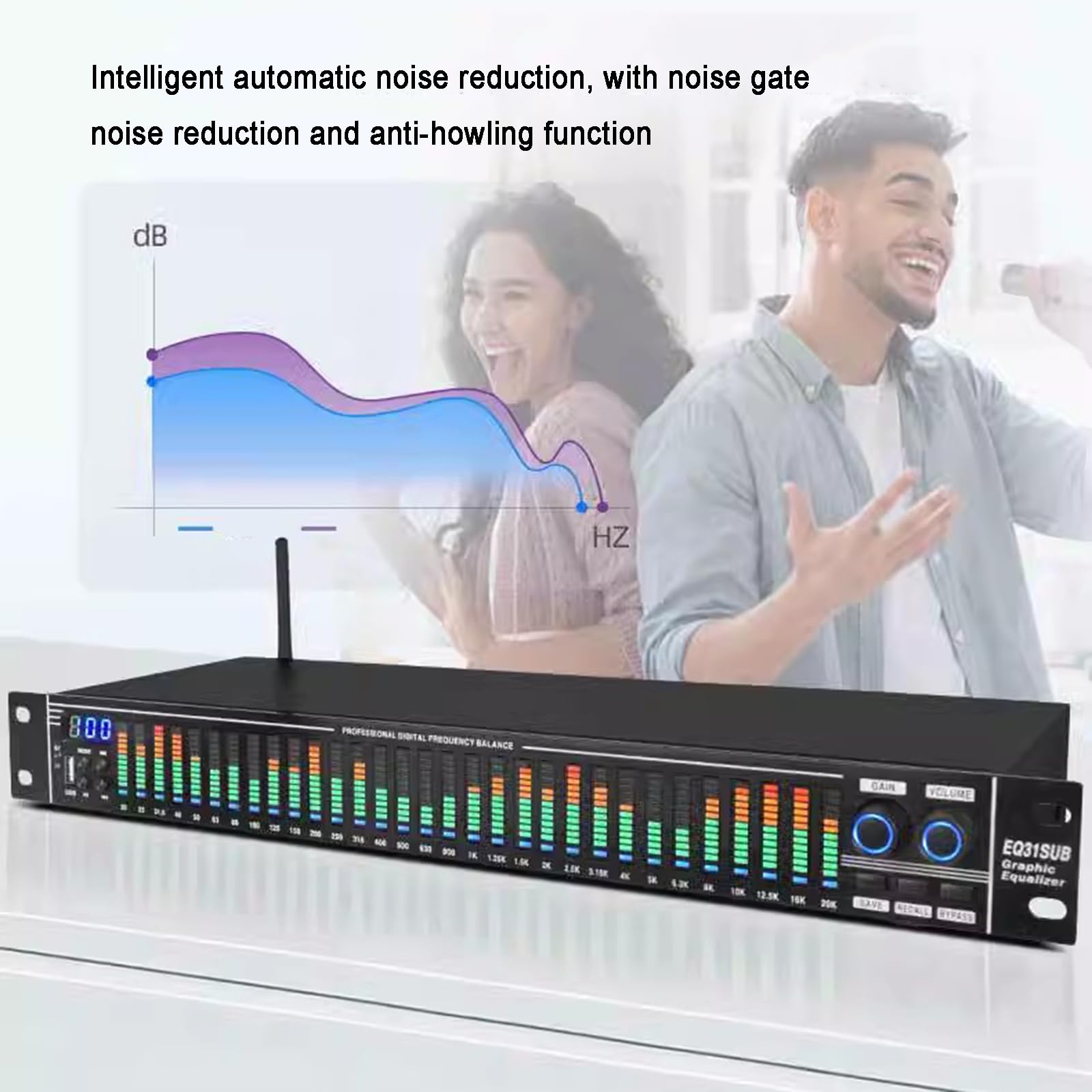 Equalizzatore Grafico Stereo a 31 Bande, Equalizzatore Audio Digitale, con Display a Spettro LED, 10 Effetti Preimpostati, Riduzione del Rumore, Regolazione Bassi/Medi/Alti