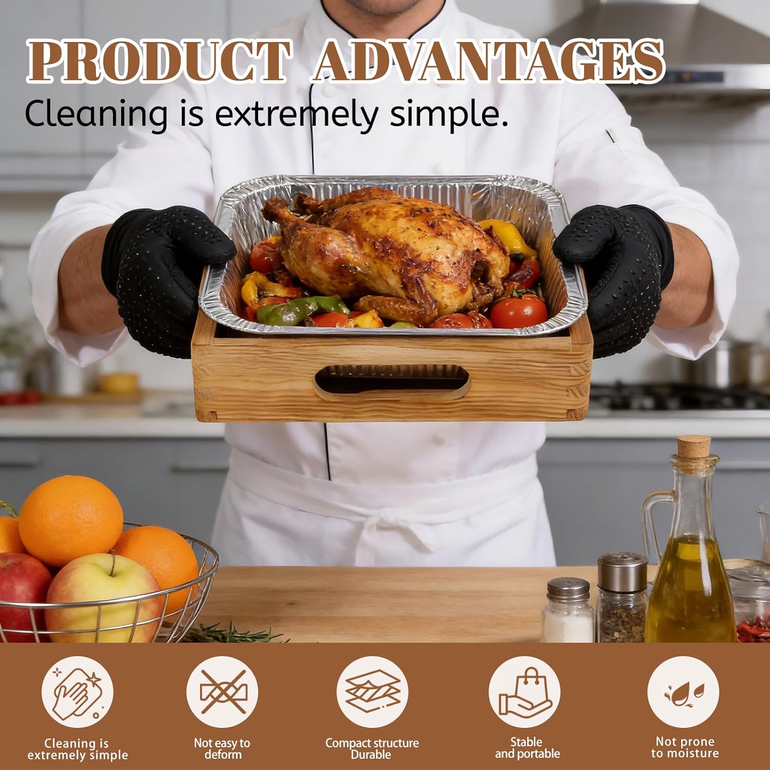 3-Pack Wooden Holders for 8x8 Foil Pans - Includes 3 Disposable Aluminum Foil Pans - Square Foil Tray Stand for Oven & Grill - Ideal for Parties, Catering,Holiday Feasts and Home Kitchen Use