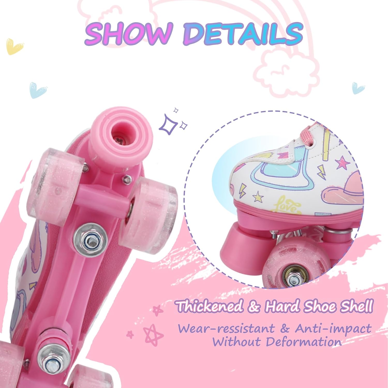 YYW Roller Skates for Girls and Women, Cute White PU Leather Light Up Kids Youth Girls Indoor Outdoor Roller Skates Ages 6-12