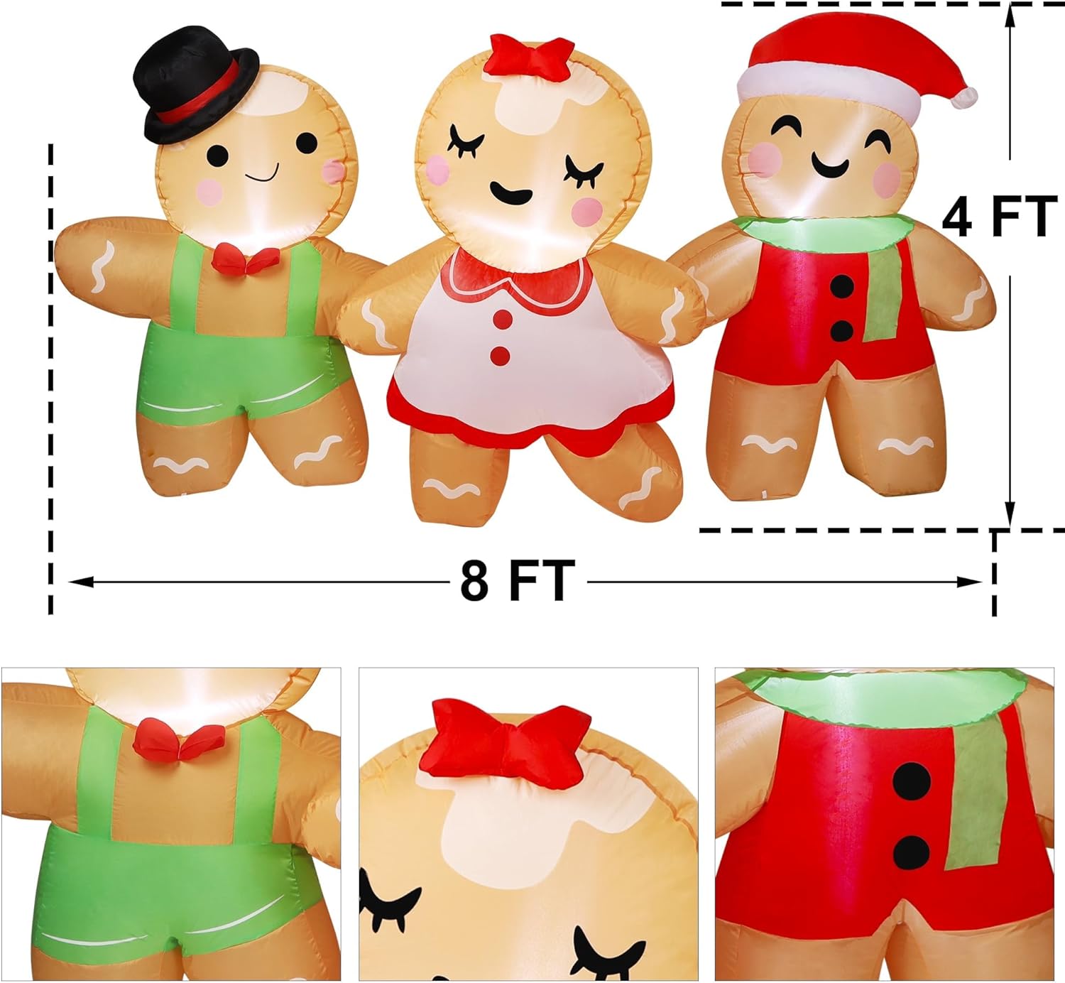 Condition photo showing Good Condition for Joliyoou 8FT L Christmas Inflatable Decoration, Set of 3 Blowup Gingerbread Man Hand in Hand, Adorable Xmas Inflatable Ginger Bread Man for Winter Holiday Outdoor Indoor Decor