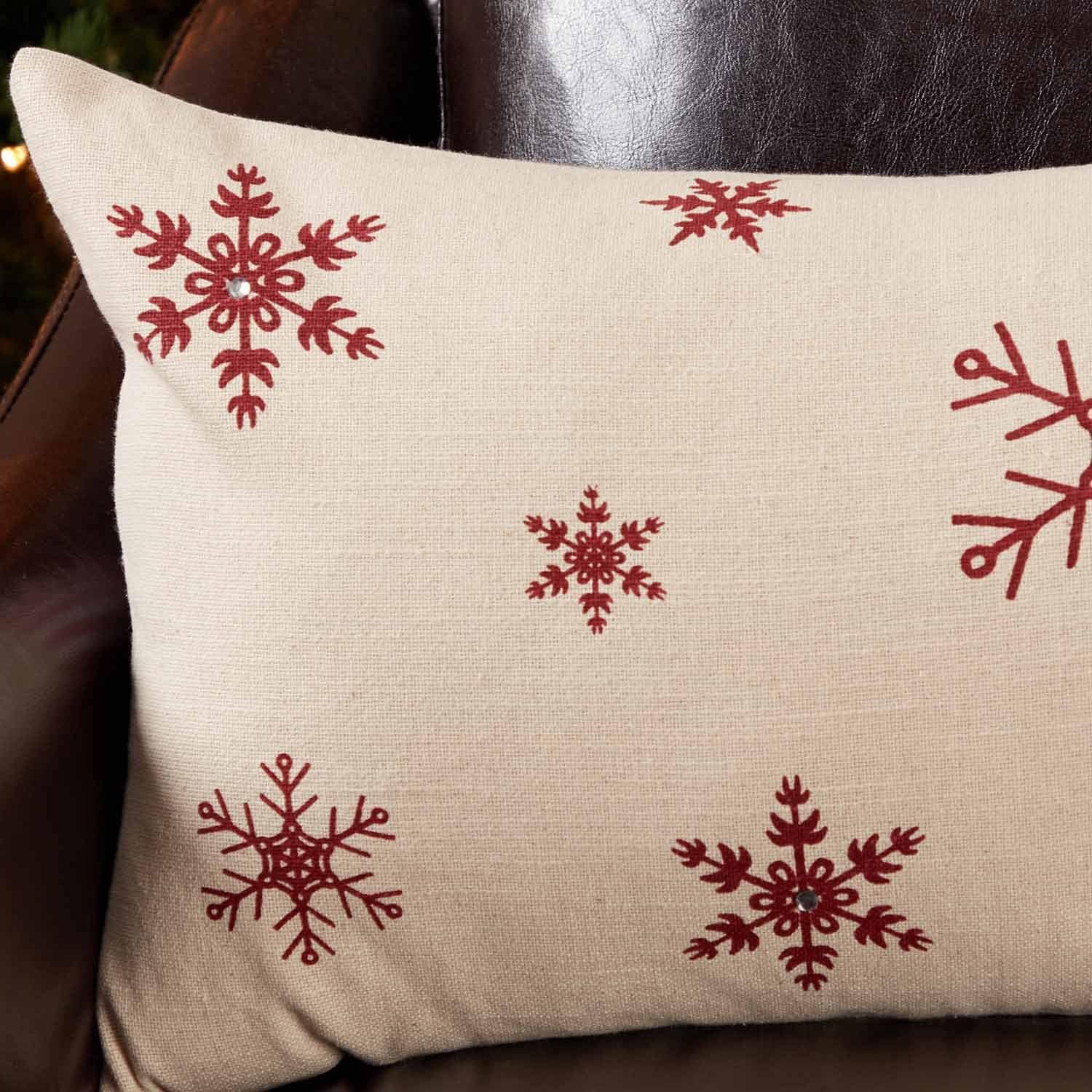 Market Place Natural Snowflake Christmas Tree Skirt, 48" Diameter, Stencilled Red Snowflakes w/Crystal Accents for Holiday Sparkle, Red Ticking Stripe Trim