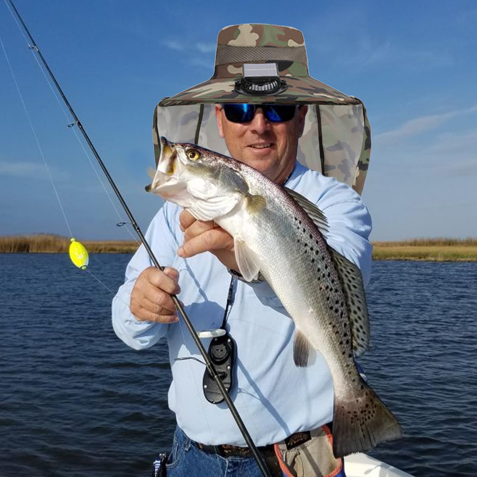Cappello per ventilatore solare | cappello da pesca traspirante | protezione per la testa a tesa larga con ventilatore solare rimovibile e sottogola per viaggi, sport, attività all'aperto
