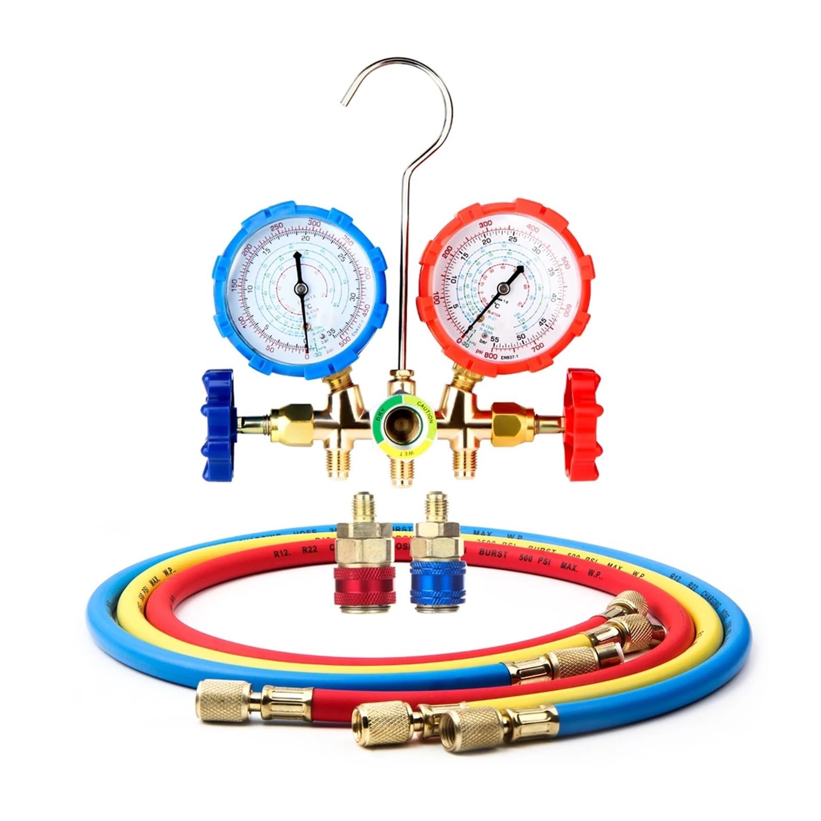 R410A R22 R134a R404A Misuratore del tubo a collettore HVAC A/C Servizio di riempimento di raffreddamento con tubi flessibili Raccordi regolabili Adattatore barattolo di scarico (Modello 3)