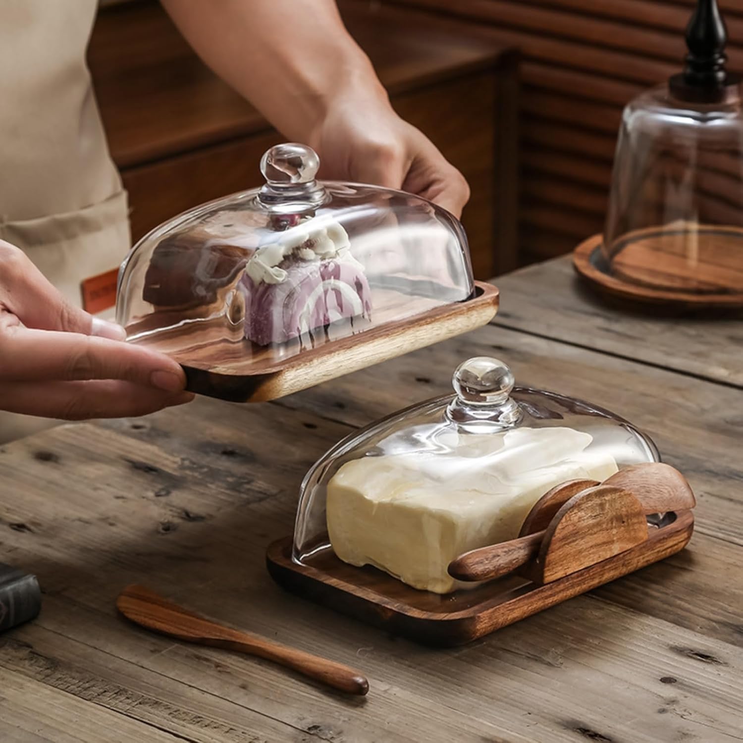 HAN SHENG Wooden Butter Dish with Glass Lid & Wood Knife - Butter Keeper Container, Dessert Dish Kitchen Countertop Decor for East/West Coast Sticks