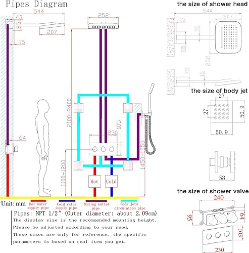 Miniatura 5 de DULABRAHE Cabezal de ducha de lluvia de cascada cepillado con pulverización de mano de latón montado en la pared, sistema de ducha de lluvia de 8 x