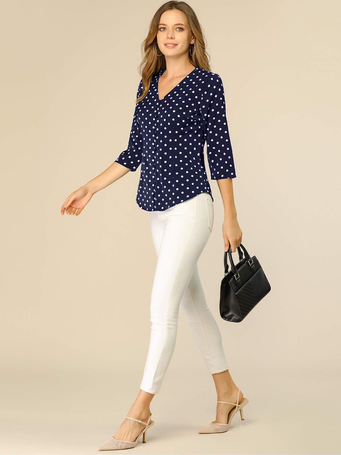 Allegra K Women's Vintage Polka Dots 3/4 Sleeve Button Front V Neck Casual Office Blouse Top - Image 3