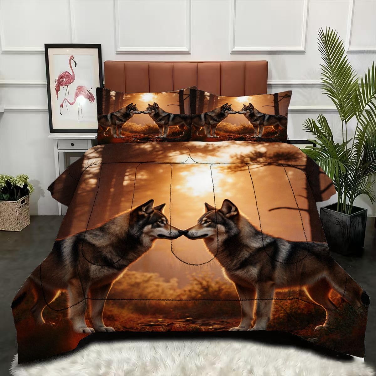 Couette 4 saisons 140x200 cm Loup 3D avec 2 taies d'oreiller 65x65 cm