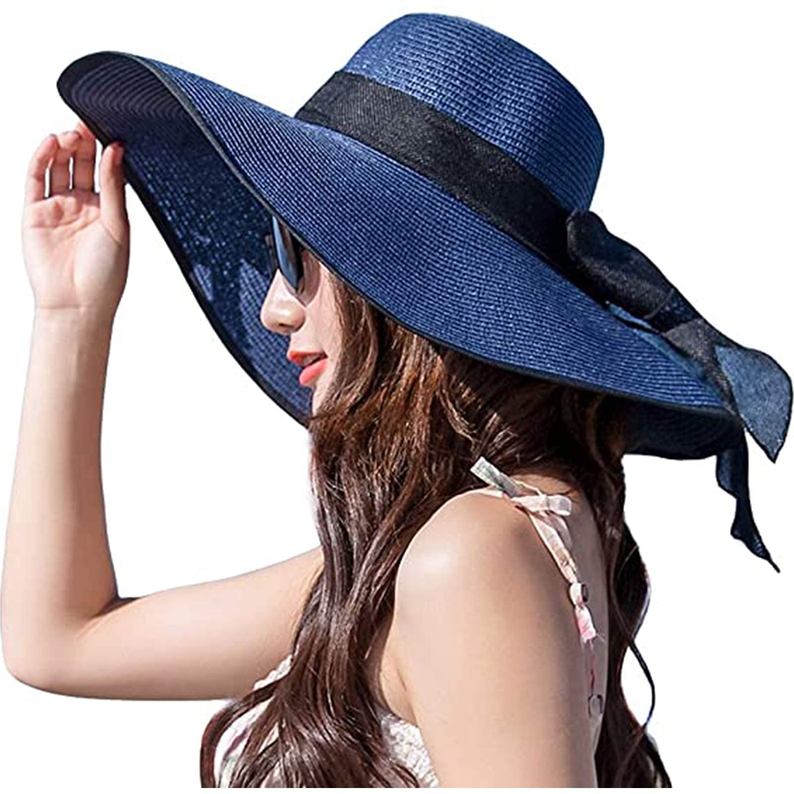 Women's Folable Floppy Hat,Wide Brim Sun Protection Straw Hat, Summer UV Protection Beach Cap(Navy Blue)