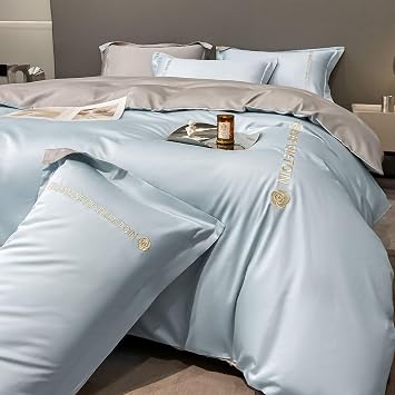 Lyocell 4 Pieces Sheets Set, Full Size Duvet Cover Soft Cooling Bed Sheets for Hot, Lyocell Luxury Breathable Bedding Set with 1 Quilt Cover, 1 Flat Sheet, 2 Shams,Blue 2,Twin
