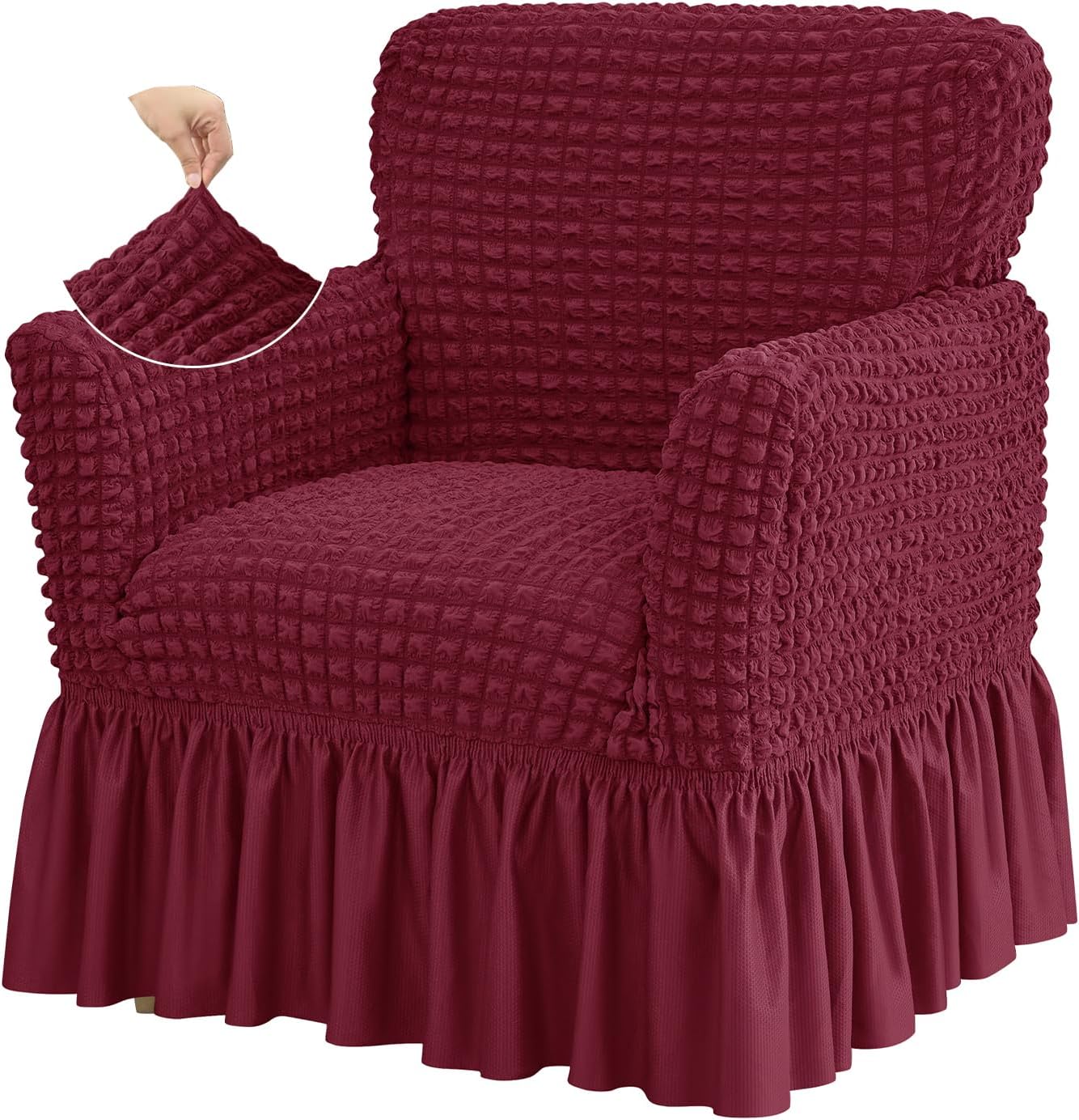 Stretch Seersucker Armchair Slipcovers with Skirt, 1-Piece Chair Cover with Arms, Soft Stretch Accent Chair Slipcovers, Non-Slip Washable Furniture Protector for Living Room Decor (Black)