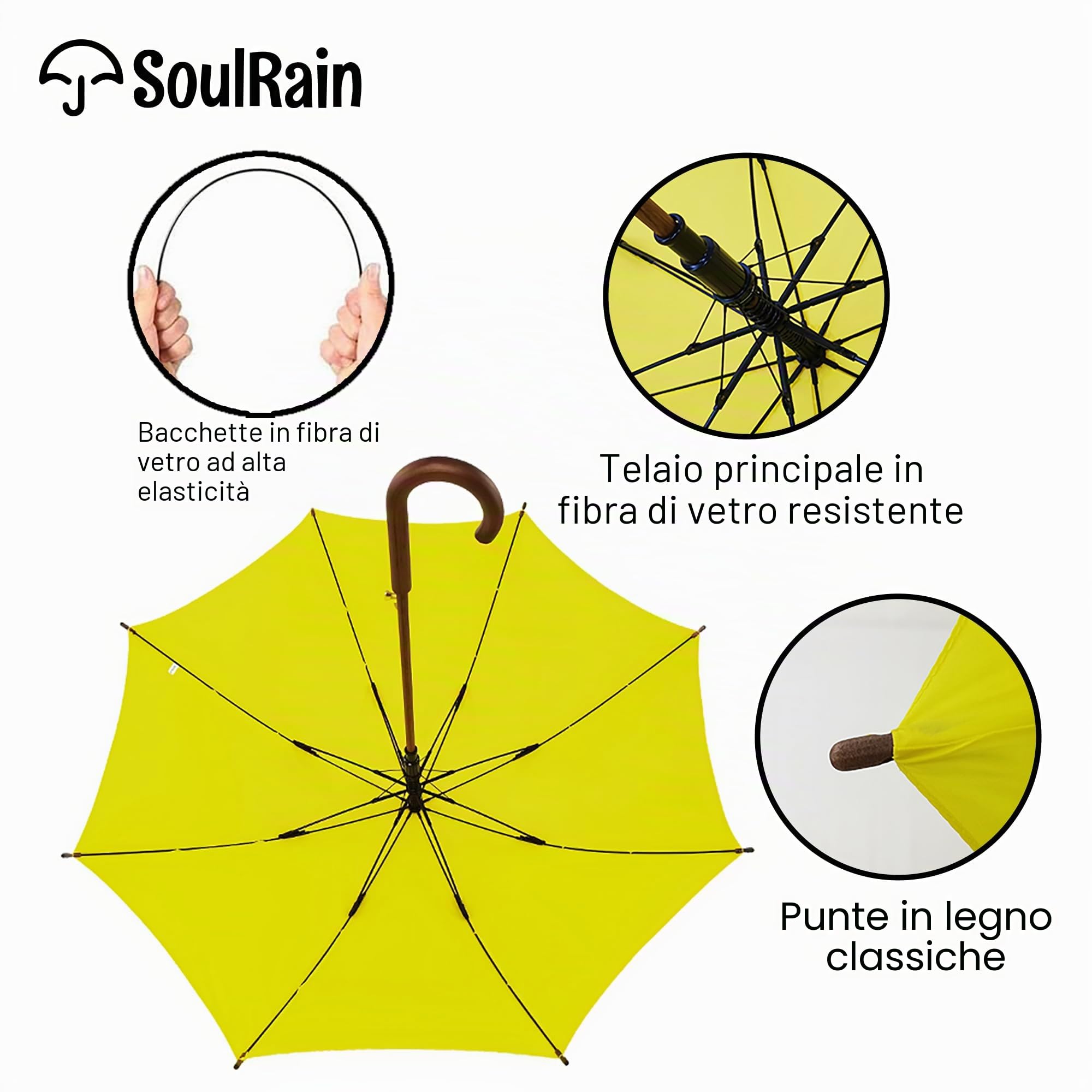 SoulRain Ombrello da 122 cm, con manico in legno, apertura automatica, antivento, trasparente, infrangibile (giallo)
