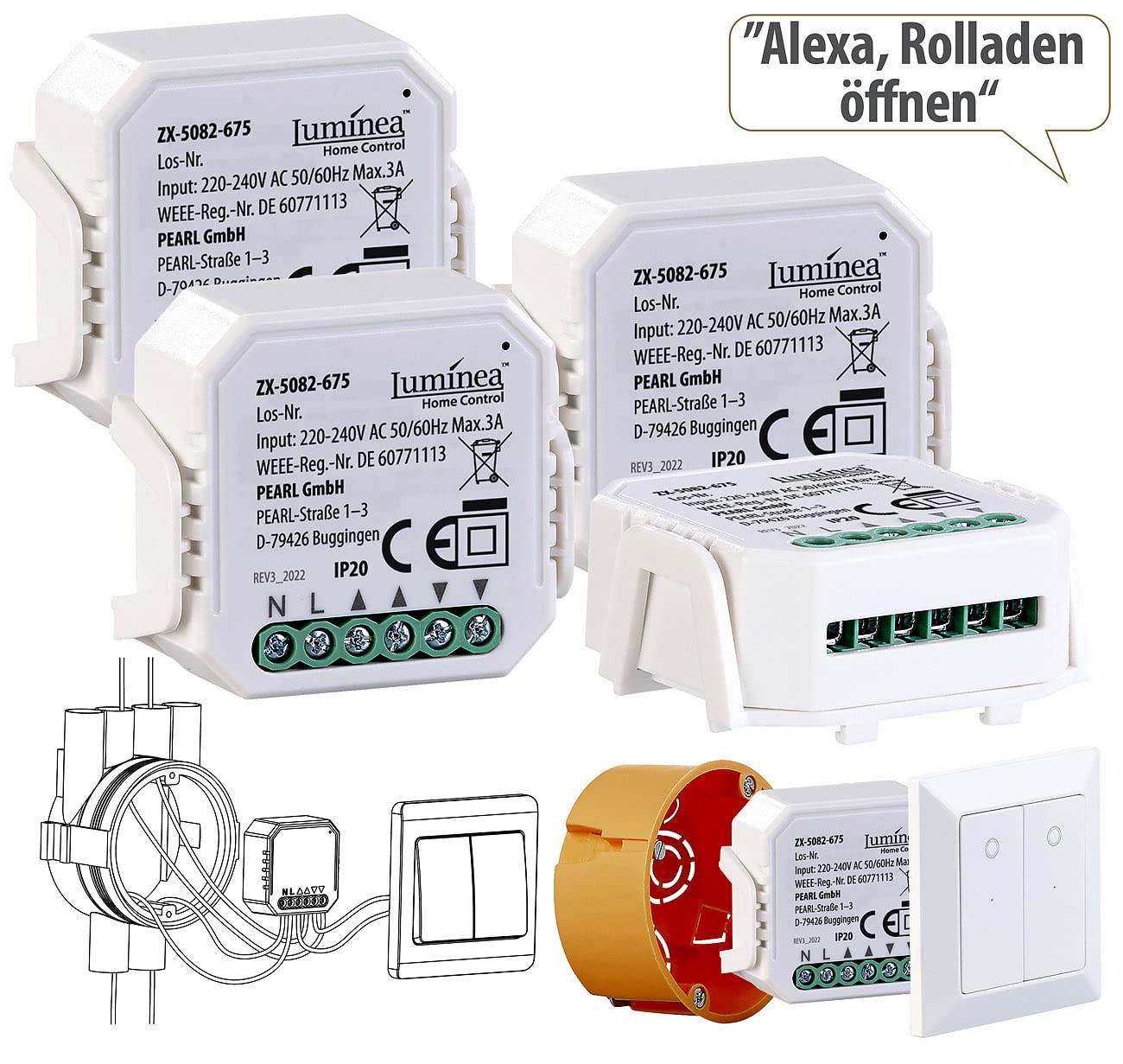 Luminea Home Control Rollosteuerung: 4er-Set WLAN-Unterputzmodule für smarte Rollladen, App & Sprachbefehl (WLAN Rolloschalter, Rollladen-Steuerung, Rolläden)