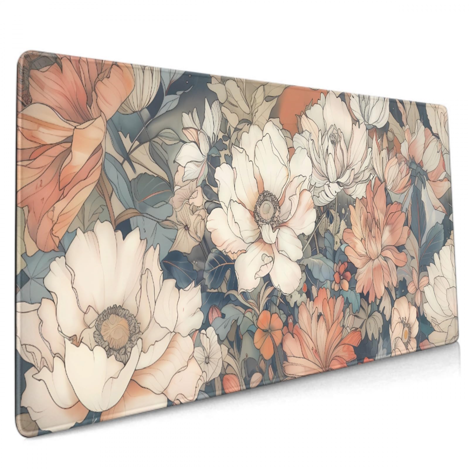 Japanese Floral Mouse Pad XXL 35.4 X 15.7 Inch Minimalist Aesthetic Art White Coral Pink Flower Extended Large Gaming Mousepad Keyboard Desk Mat