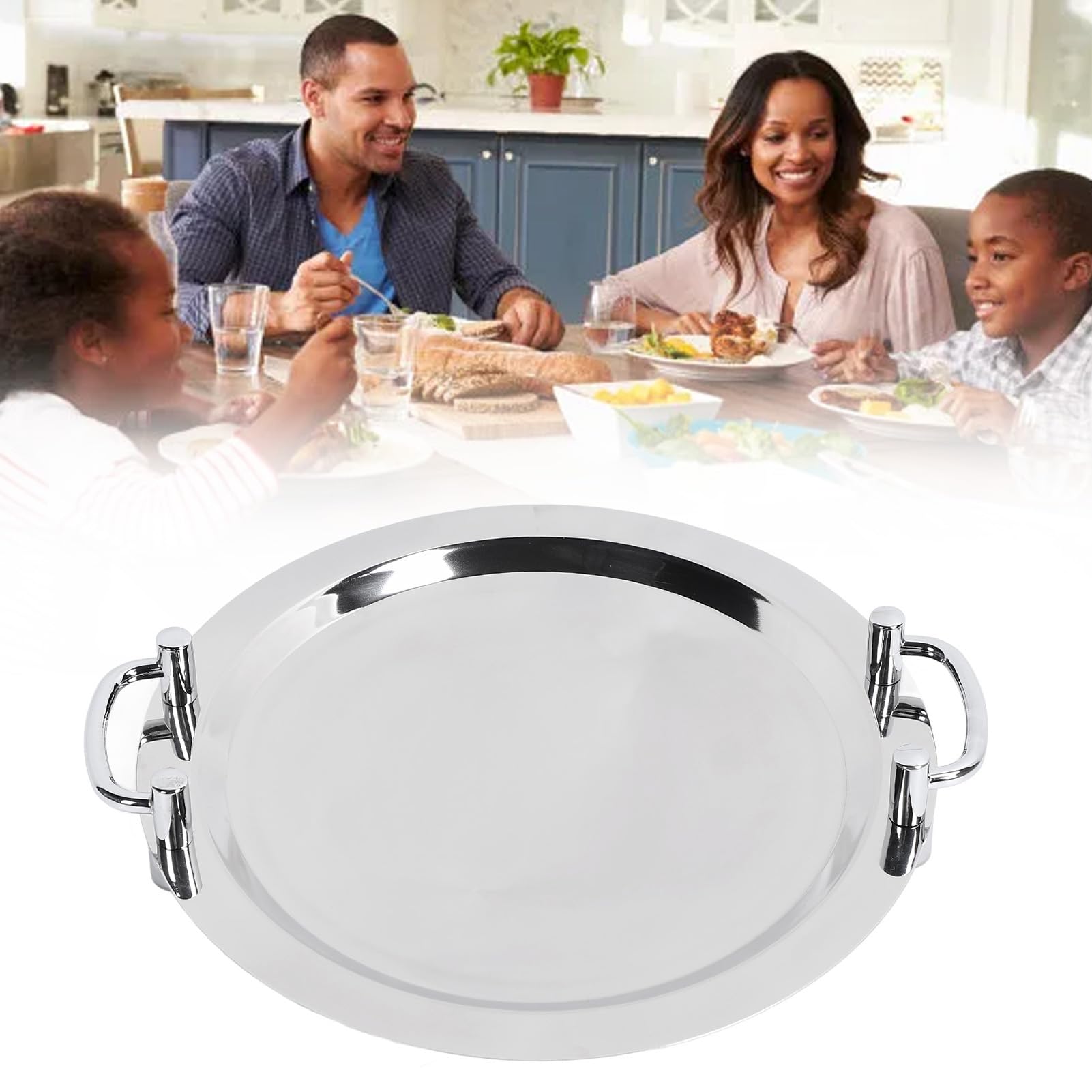 Serviertablett aus Edelstahl, Hell Verspiegelter Buffetteller Serviertablett mit Griff, Abendessen Tabletts Servierplatte für Camping BBQ Party Vorspeisen (Rund (16 Zoll))