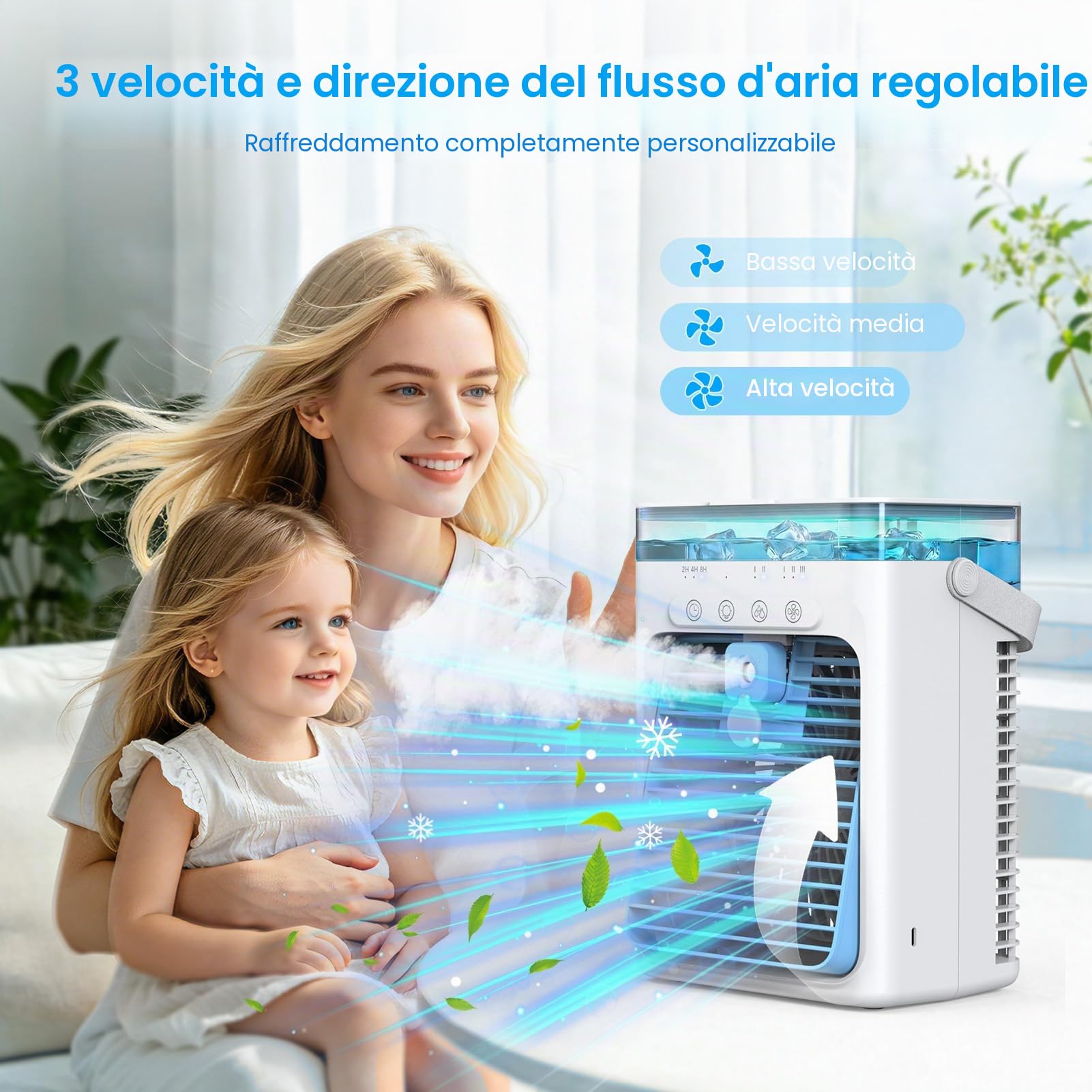 Condizionatore Portatile Senza Tubo 4 in 1, Mini Condizionatore Portatile, Climatizzatore Portatilere USB, 3 Velocità, 2 Modalità Spray, Serbatoio 1000ML, Timer 2/4/8H, Silenzioso per Casa e Campeggio