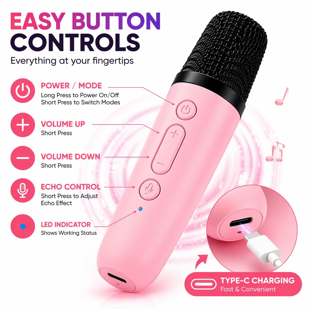 One94Store Karaoke Speaker - Pink Bluetooth Mic -4