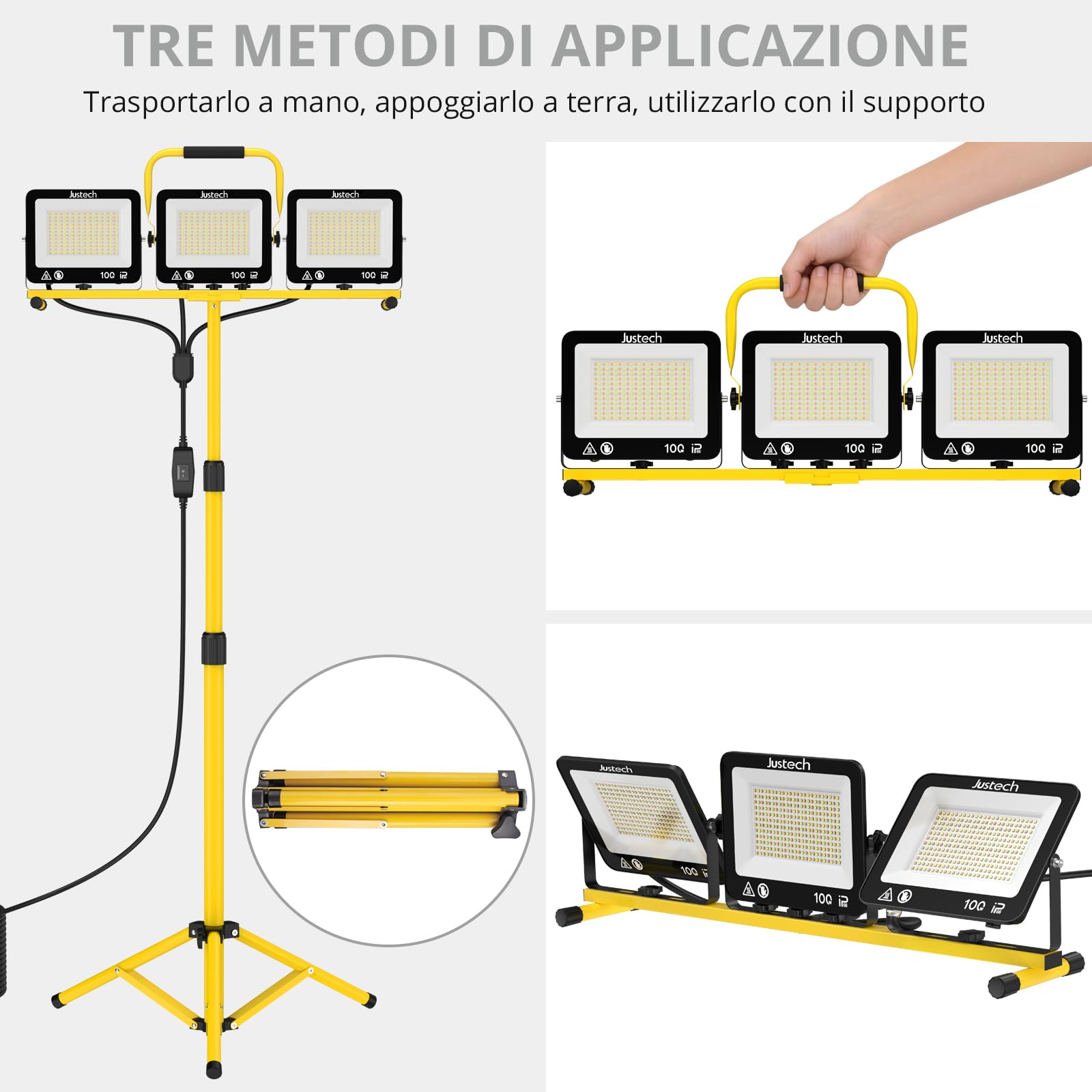 Justech Faretti da Lavoro LED con Treppiede Telescopico, 100W 27000LM Luci da Lavoro con Spina per Officina, Cantiere Edile, Garage, Giardino, Impermeabile IP66, 3000K/5000K/6000K